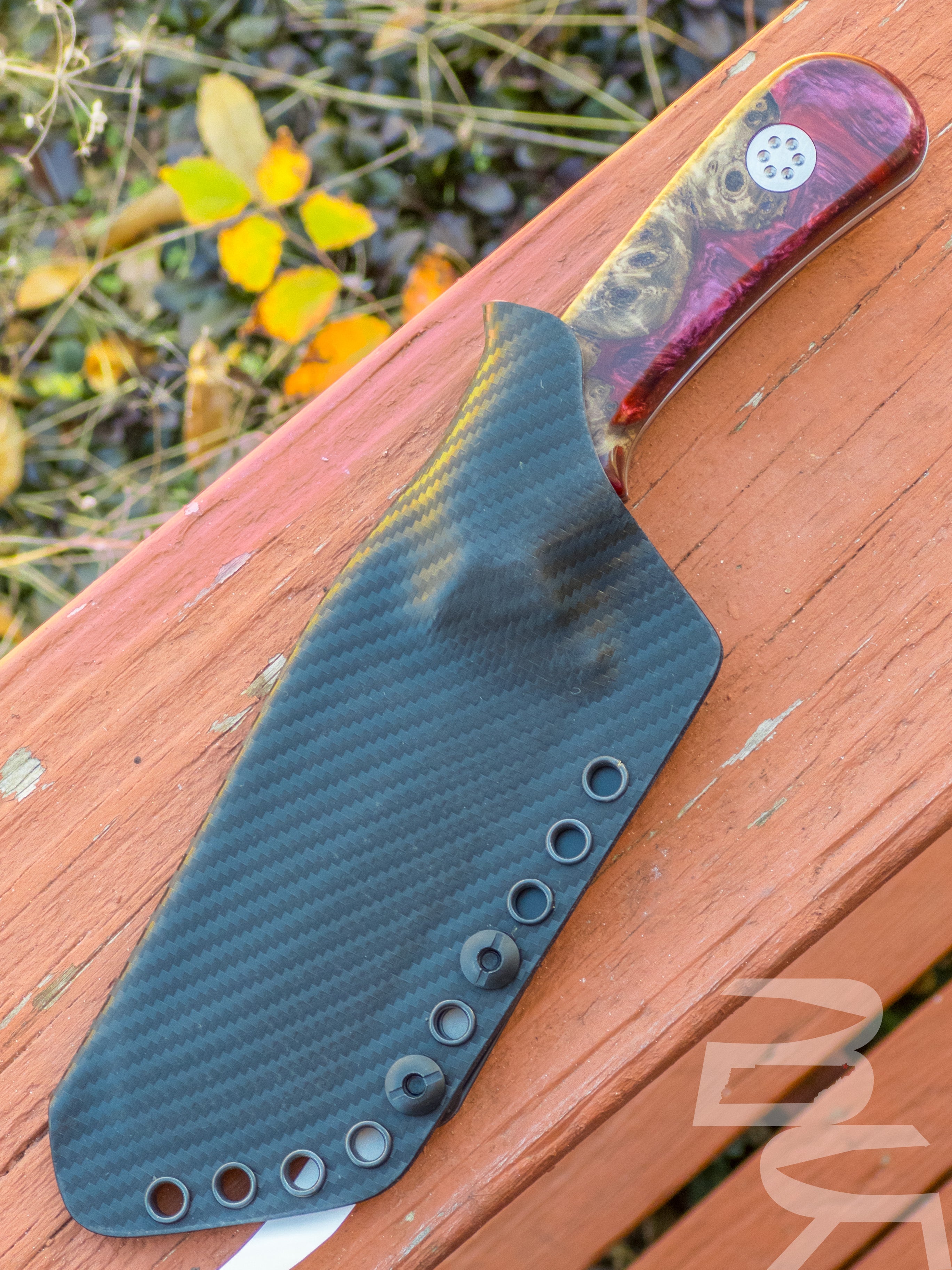 Beans Blades Fixed Warrior M390 Red Buckeye Burl Wood Resin Handle 1 Off SN:013