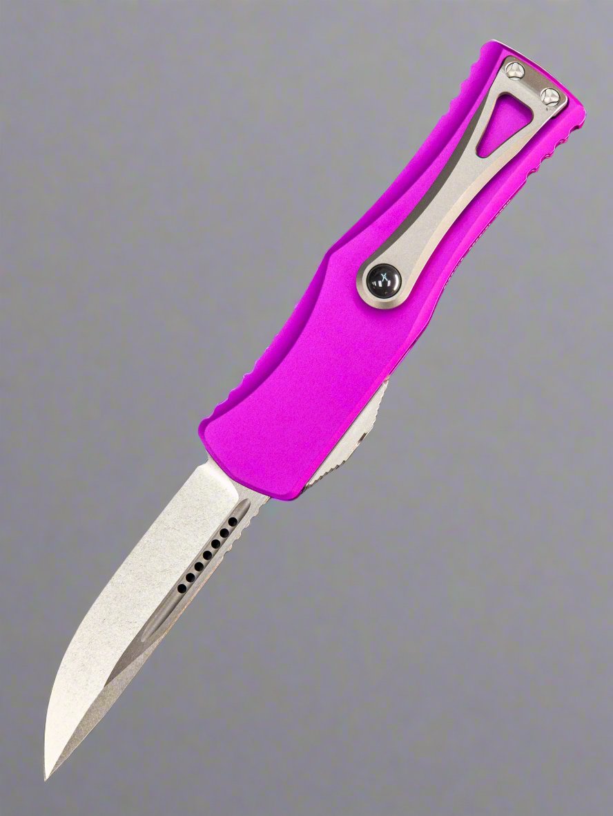 MICROTECH HERA OTF KNIFE- SINGLE EDGE- VIOLET HANDLE- STONEWASH STANDARD 703-10 VI