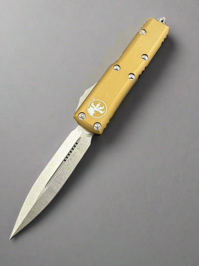 MICROTECH UTX-85 OTF KNIFE-DOUBLE EDGE- TAN HANDLE- Stonewash BLADE 232-10 TA