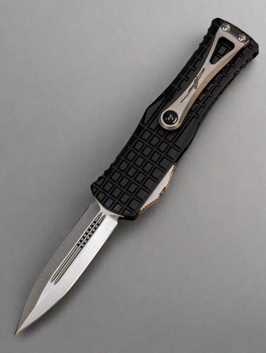 MICROTECH HERA OTF KNIFE- FRAG- DOUBLE EDGE- BLACK FRAG HANDLE- STONEWASH PLAIN EDGE 702-10 FRS
