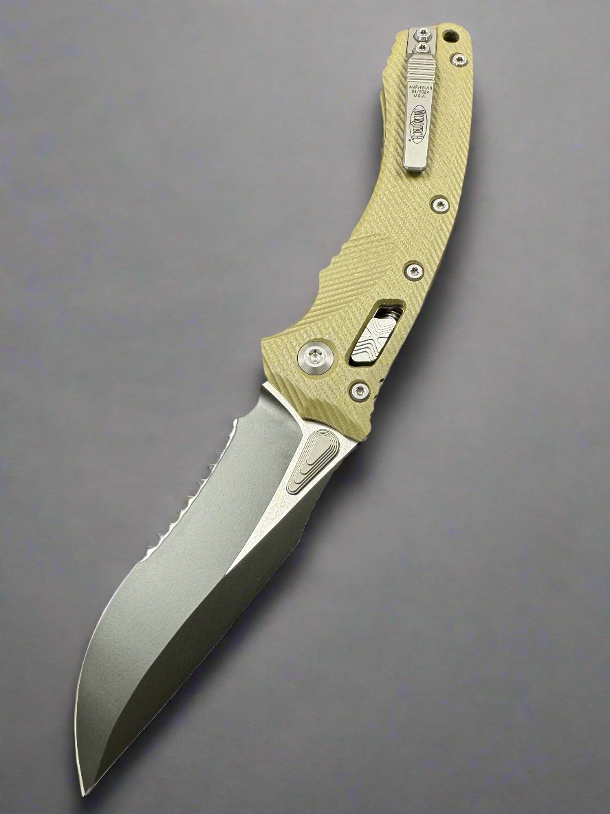 MICROTECH KNIVES- AMPHIBIAN RAM-LOK FOLDER- FLUTED OD GREEN G-10 HANDLE- BLACK PART SERRATED EDGE BLADE 137RL-2 FLGTOD