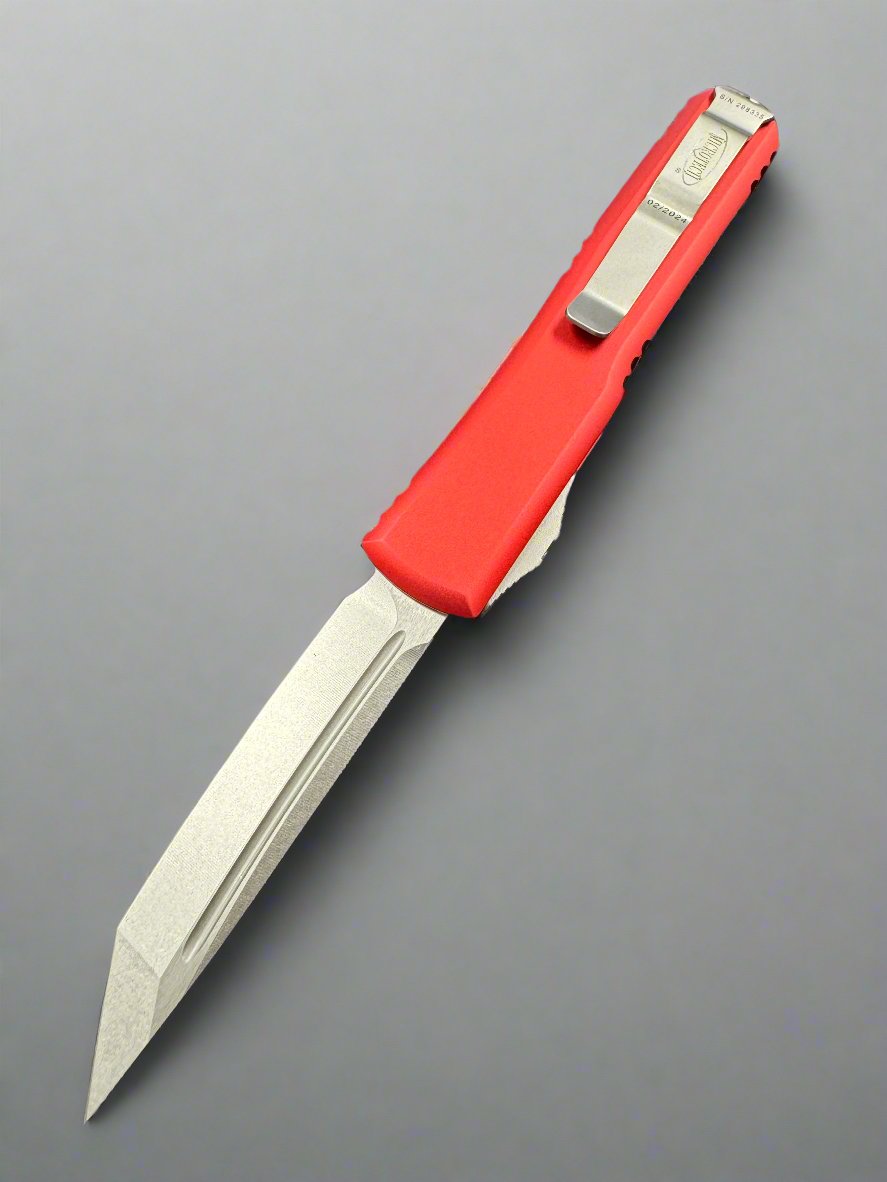 MICROTECH ULTRATECH OTF KNIFE- TANTO EDGE- RED HANDLE- STONEWASH BLADE 123-10 RD