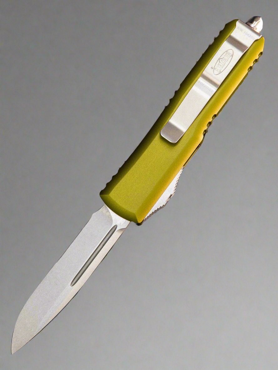 MICROTECH UTX-85 OTF KNIFE- SINGLE EDGE- OD GREEN HANDLE- APOCALYPTIC PART SERRATED BLADE 231-11 APOD