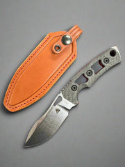 FOBOS Knives Tier 1 Mini Mini Fixed Blade Knife - 3.5" CPM-154 Stonewashed Drop Point, Black G10 w/ Red Liners, Brown Leather Sheath