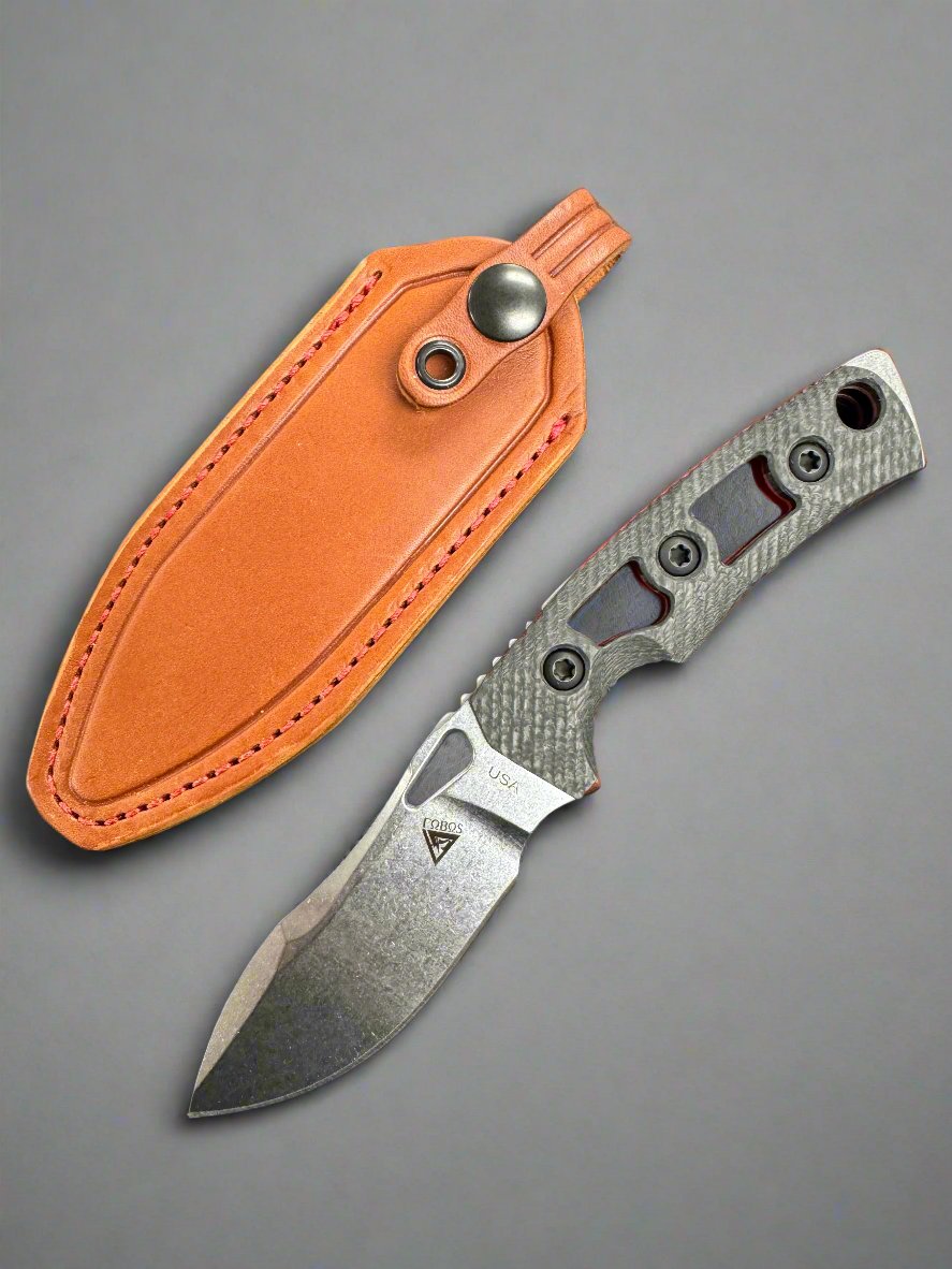 FOBOS Knives Tier 1 Mini Mini Fixed Blade Knife - 3.5" CPM-154 Stonewashed Drop Point, Black G10 w/ Red Liners, Brown Leather Sheath