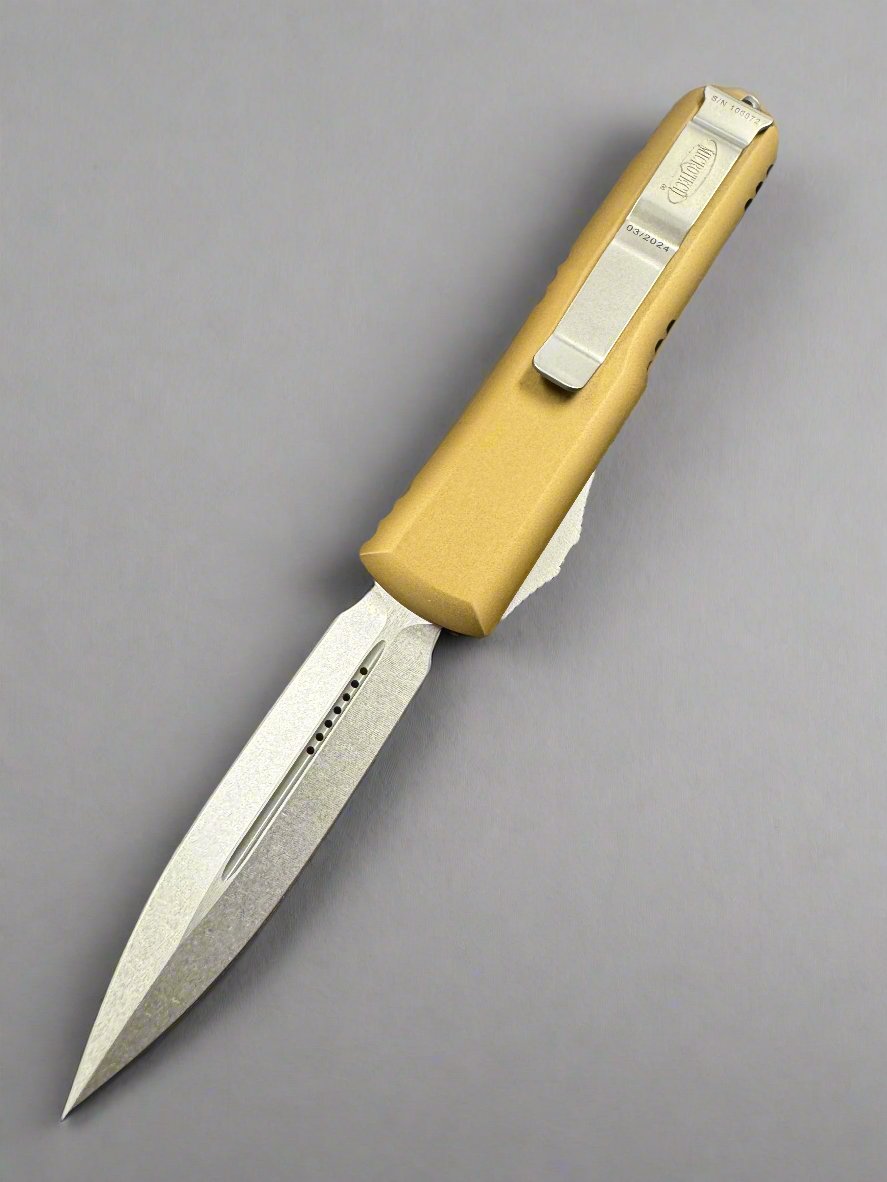MICROTECH UTX-85 OTF KNIFE-DOUBLE EDGE- TAN HANDLE- Stonewash BLADE 232-10 TA