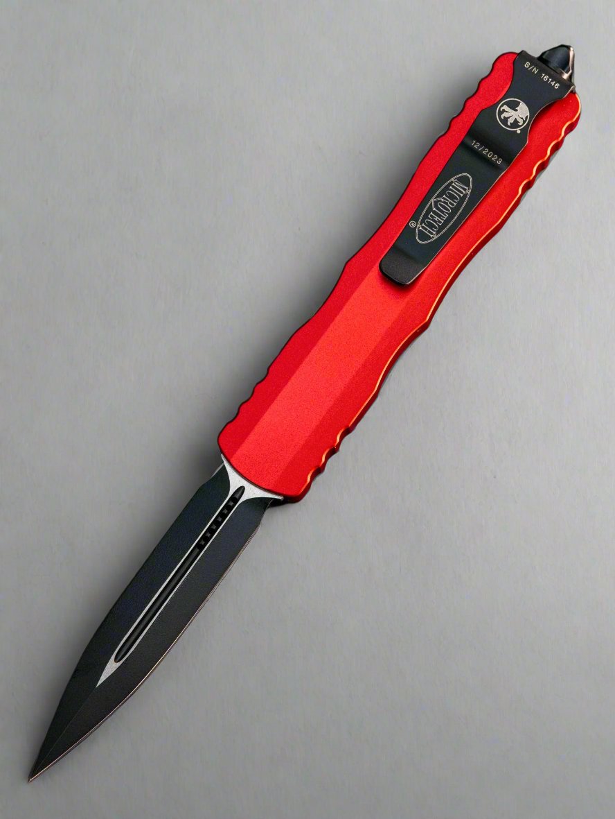 MICROTECH DIRAC OTF KNIFE- DOUBLE EDGE- RED HANDLE- BLACK BLADE HW 225-1 RD