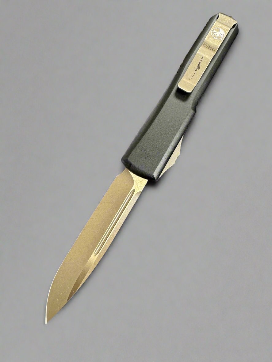 MICROTECH DEATH CARD ULTRATECH OTF KNIFE-BLACK HANDLE- BRONZED APOCALYPTIC BLADE 121-13 DCS