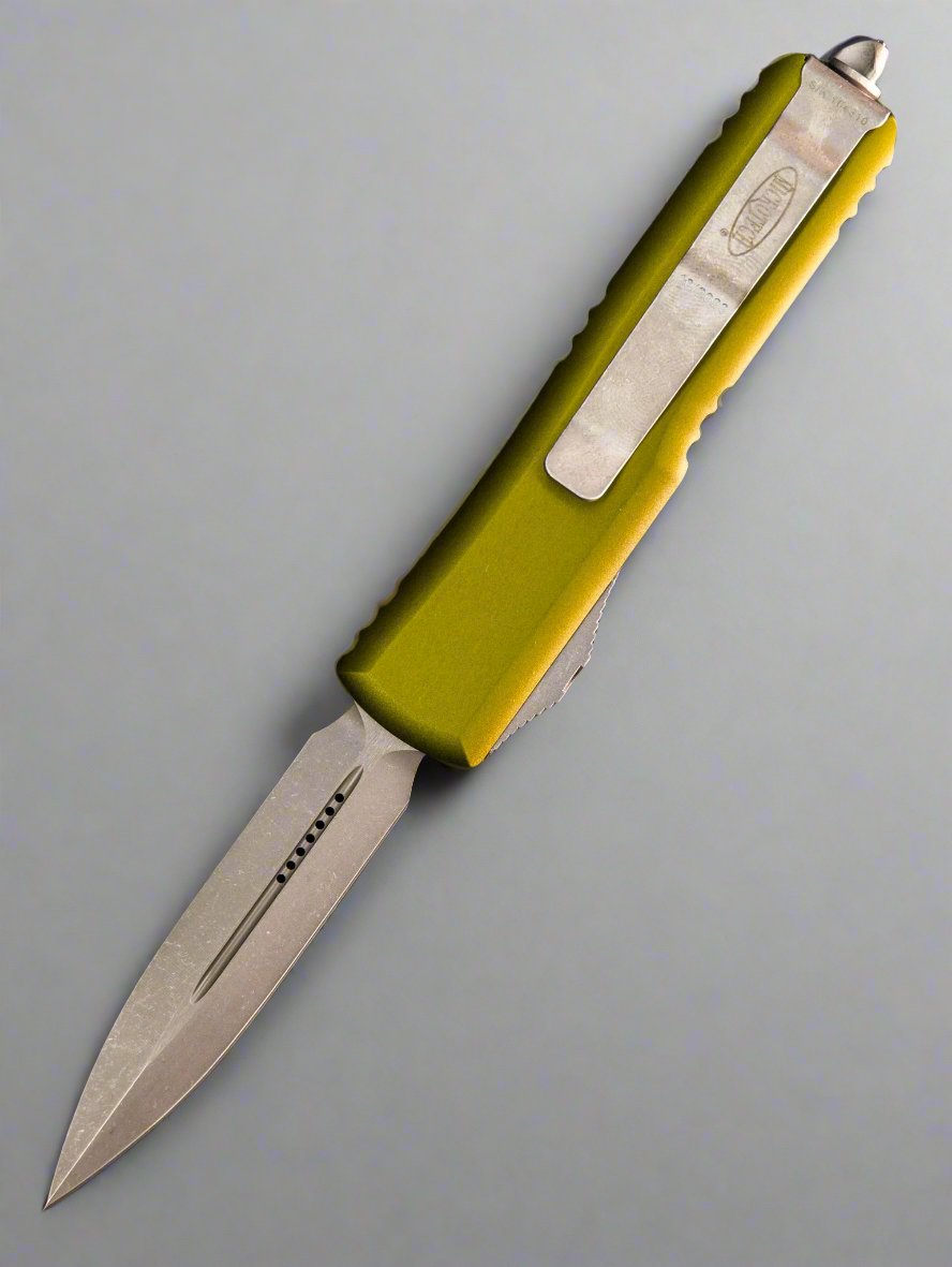 MICROTECH UTX-85 OTF KNIFE- DOUBLE EDGE- OD GREEN HANDLE- APOCALYPTIC BLADE 232-10 APOD