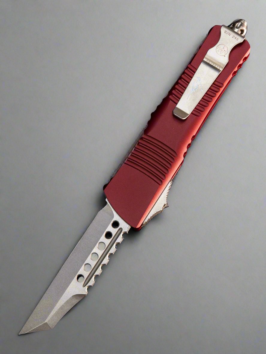 Microtech 219W-10MRS Combat Troodon Warhound Wharncliffe - Merlot Red Handle - Stonewashed Blade - Signature Series