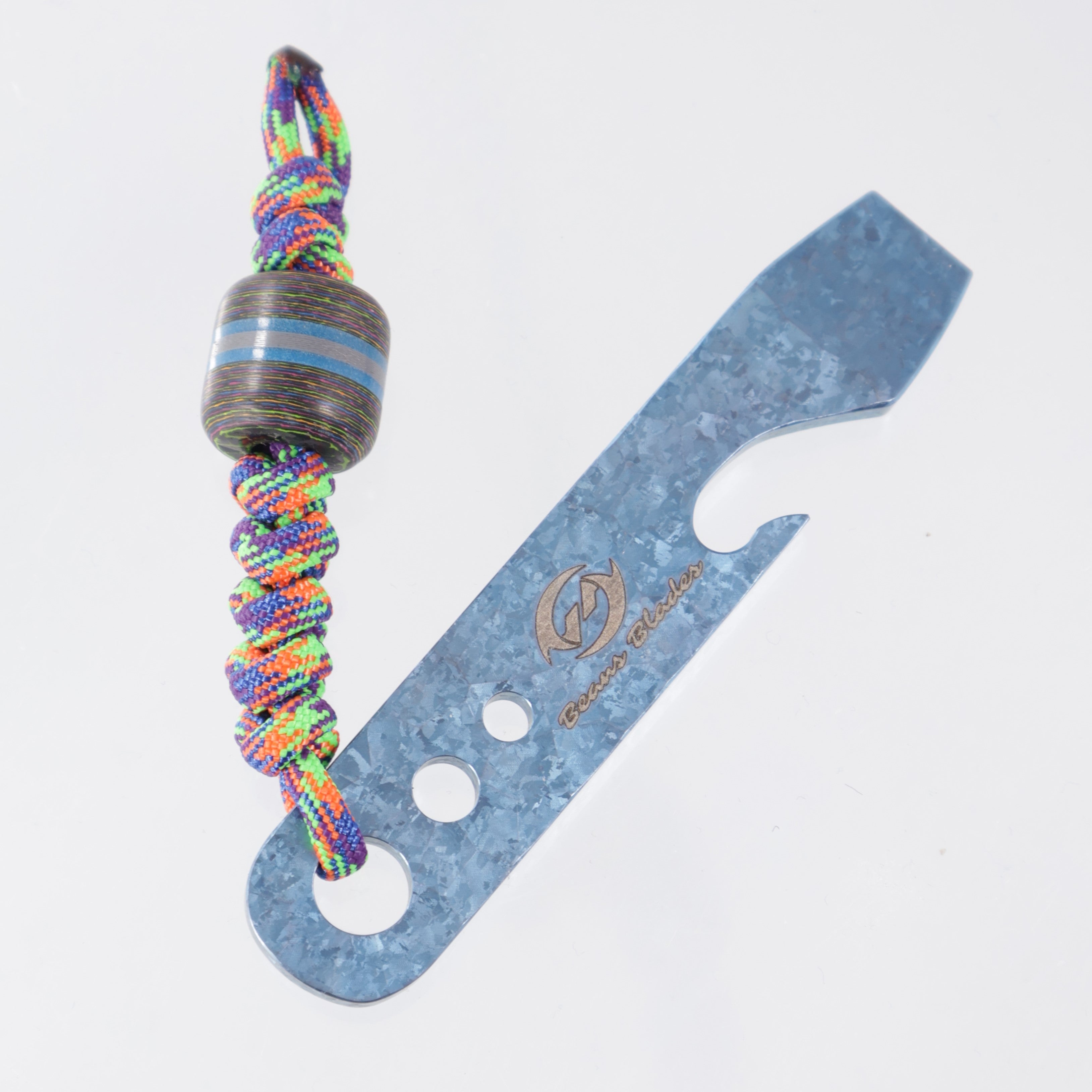 Beans Blades Prybar - Blue Crystalized Titanium - 80s Camo Carbon & Glow Bead & Multi-Color Lanyard - BROP Exclusive
