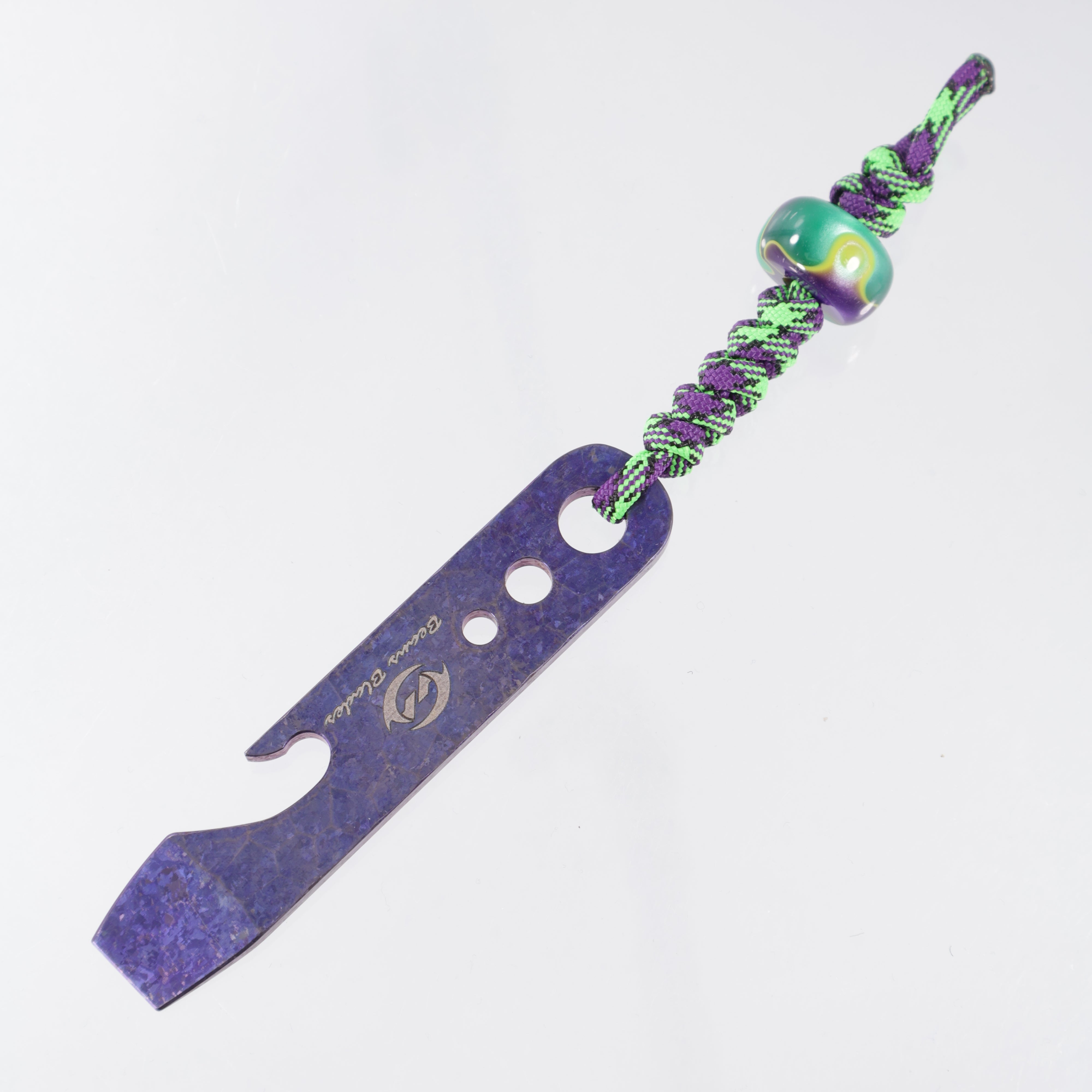 Beans Blades Prybar - Purple Crystalized Titanium - Purple/Green/Yellow Resin Bead-  & Green/Purple Lanyard