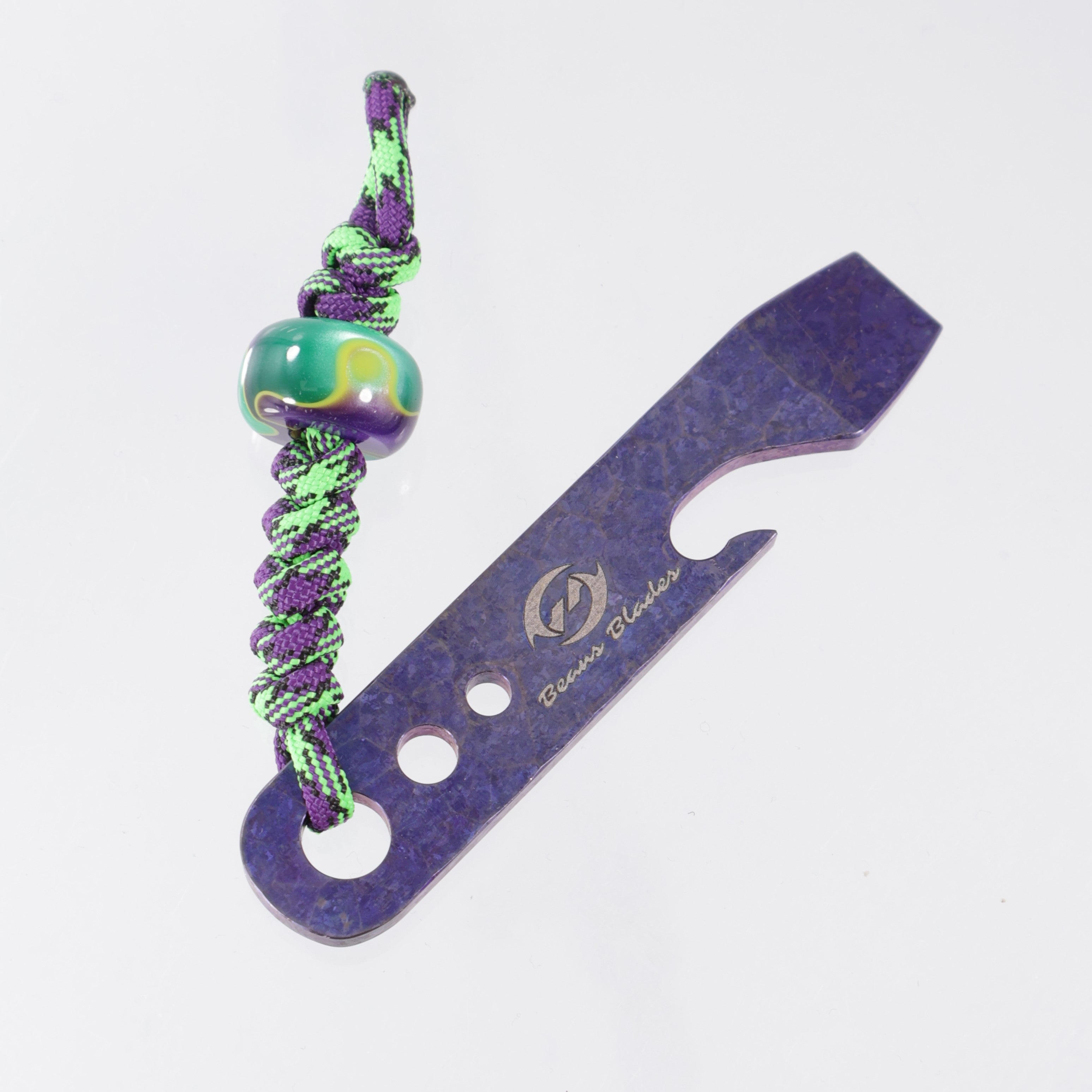 Beans Blades Prybar - Purple Crystalized Titanium - Purple/Green/Yellow Resin Bead-  & Green/Purple Lanyard