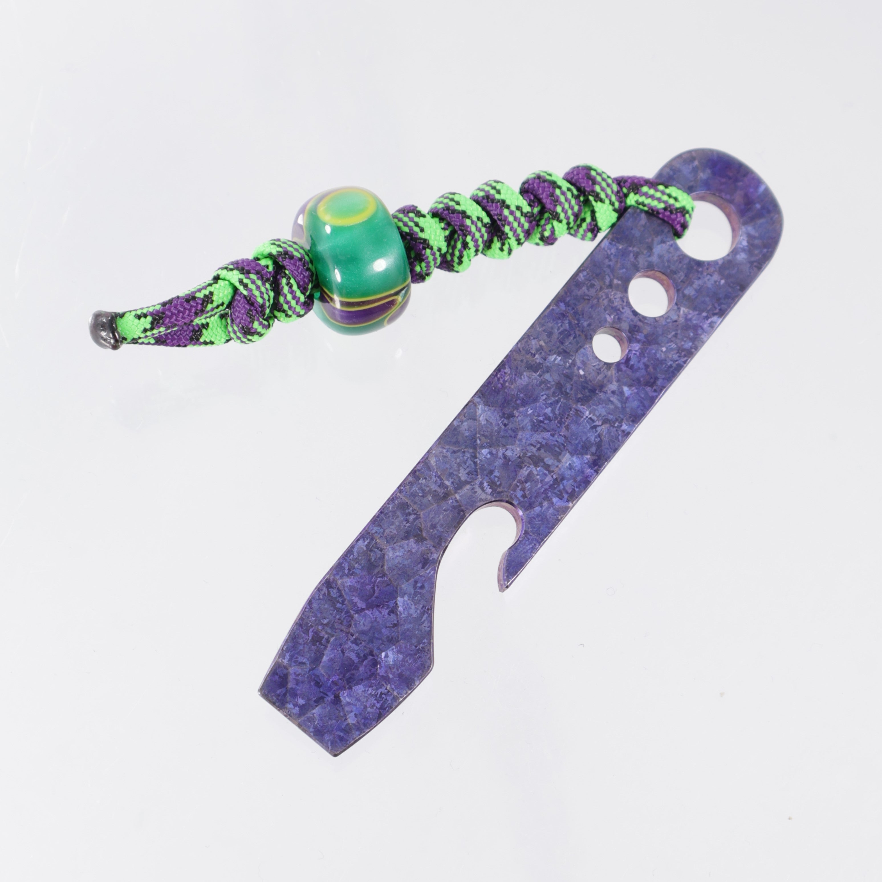Beans Blades Prybar - Purple Crystalized Titanium - Purple/Green/Yellow Resin Bead-  & Green/Purple Lanyard