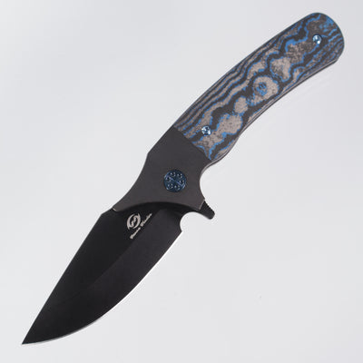 Beans Blades Javelin Folder - Black PVD Titanium w/ Electric Blue Camo Carbon & Blue Hardware - Black PVD M390