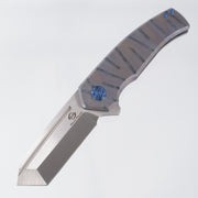 Beans Blades Mini Warrior Folder - Flamed Titanium w/ Blue Hardware - Satin M390
