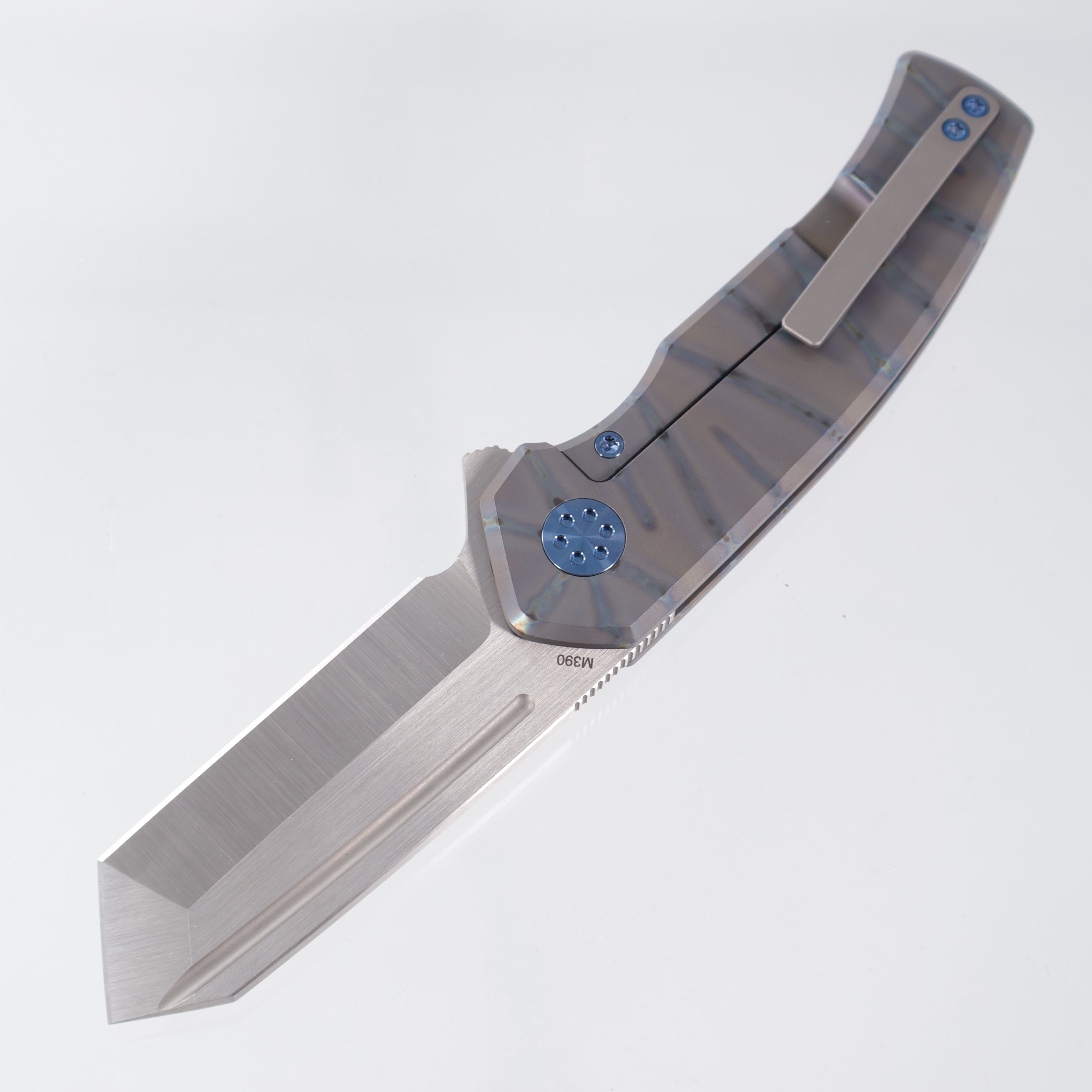 Beans Blades Mini Warrior Folder - Flamed Titanium w/ Blue Hardware - Satin M390