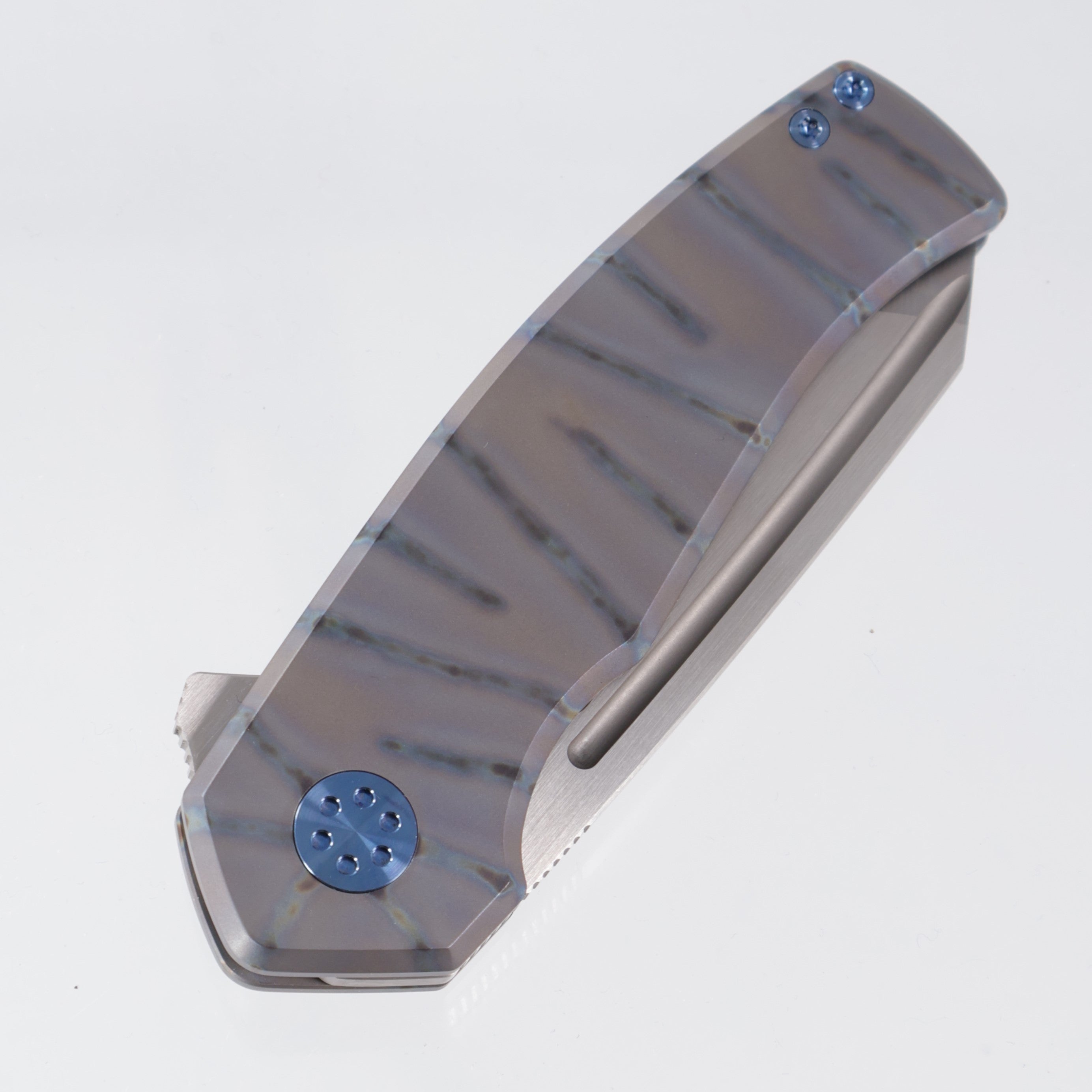 Beans Blades Mini Warrior Folder - Flamed Titanium w/ Blue Hardware - Satin M390
