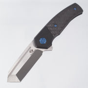 Beans Blades Mini Warrior Folder - Black PVD Titanium w/ Twill Carbon Fiber & Blue Hardware - Satin M390
