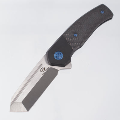 Beans Blades Mini Warrior Folder - Black PVD Titanium w/ Twill Carbon Fiber & Blue Hardware - Satin M390