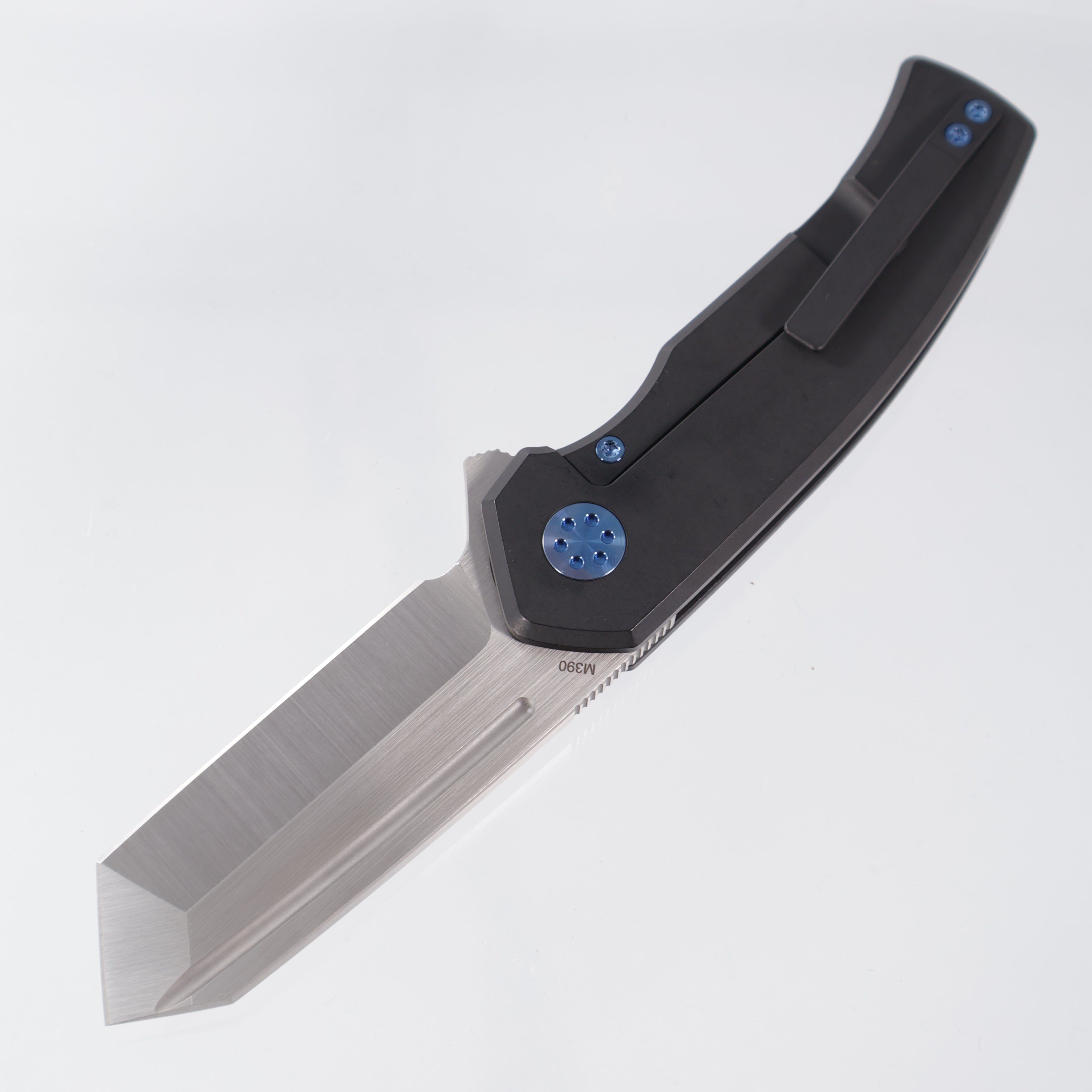 Beans Blades Mini Warrior Folder - Black PVD Titanium w/ Twill Carbon Fiber & Blue Hardware - Satin M390