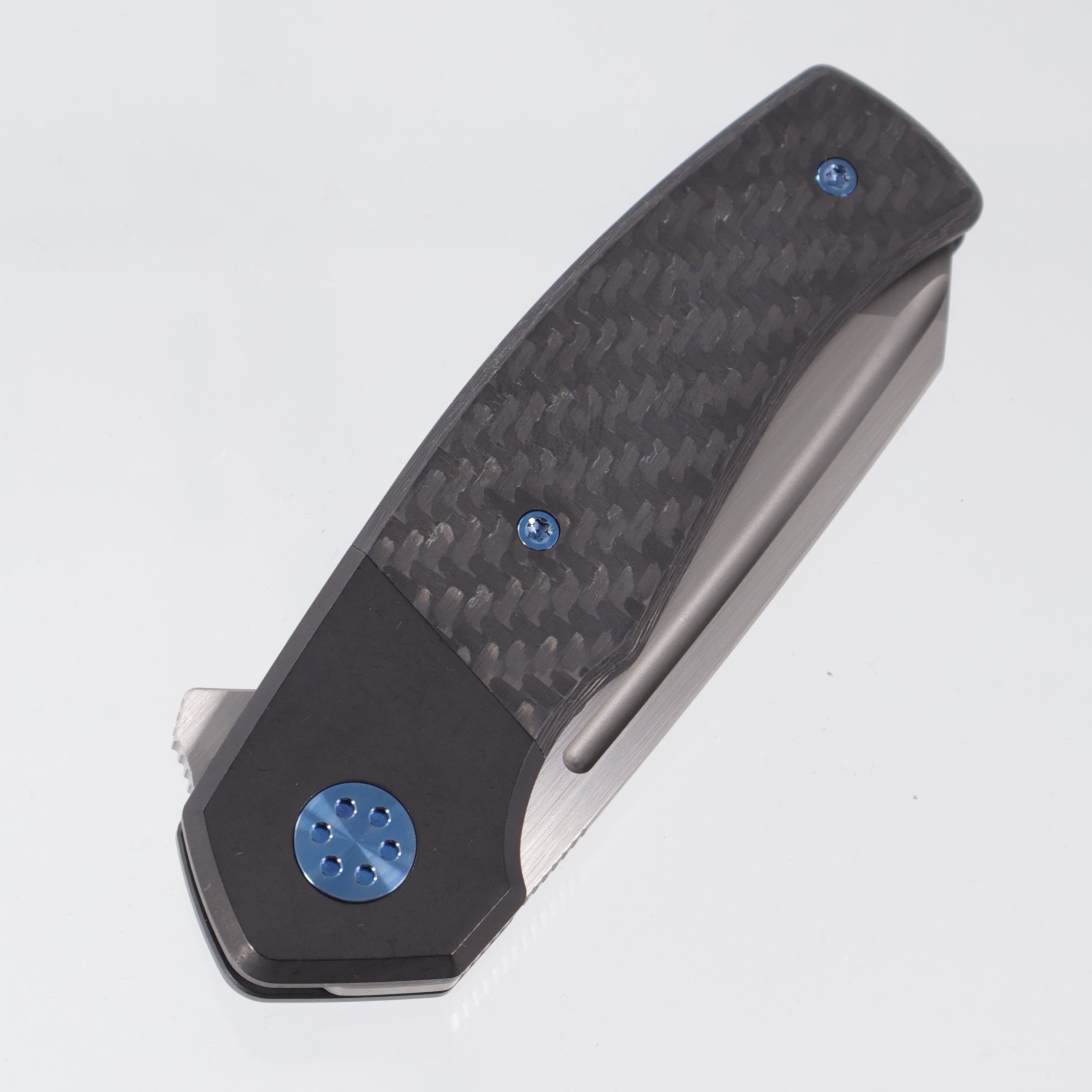 Beans Blades Mini Warrior Folder - Black PVD Titanium w/ Twill Carbon Fiber & Blue Hardware - Satin M390