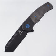 Beans Blades Mini Warrior Folder - Black PVD Titanium w/ Twill Carbon Fiber & Blue Hardware - Black PVD M390