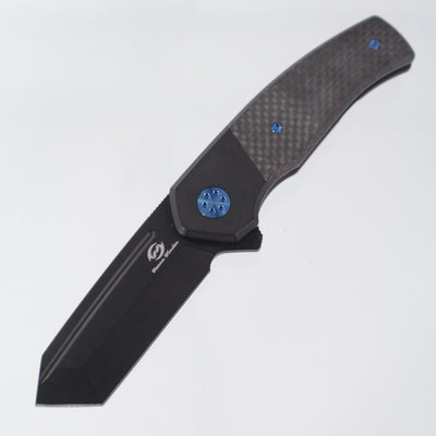 Beans Blades Mini Warrior Folder - Black PVD Titanium w/ Twill Carbon Fiber & Blue Hardware - Black PVD M390