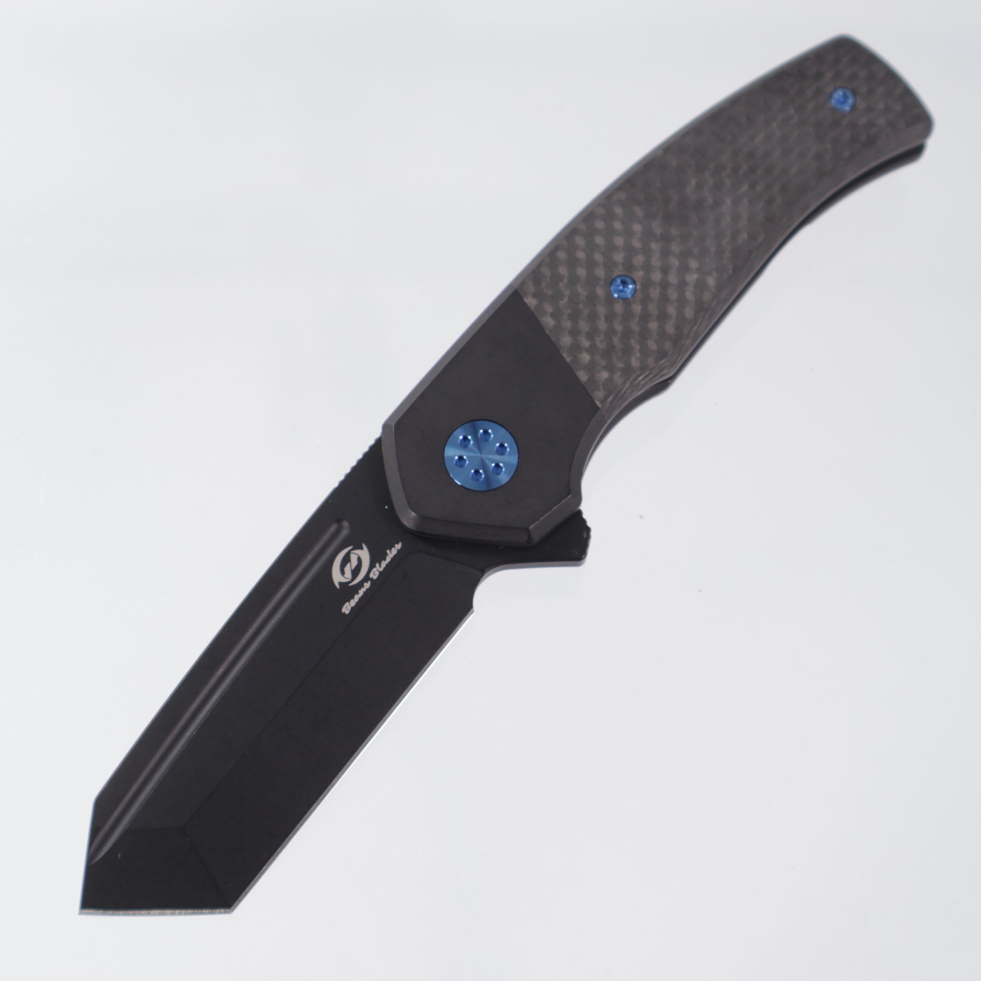 Beans Blades Mini Warrior Folder - Black PVD Titanium w/ Twill Carbon Fiber & Blue Hardware - Black PVD M390