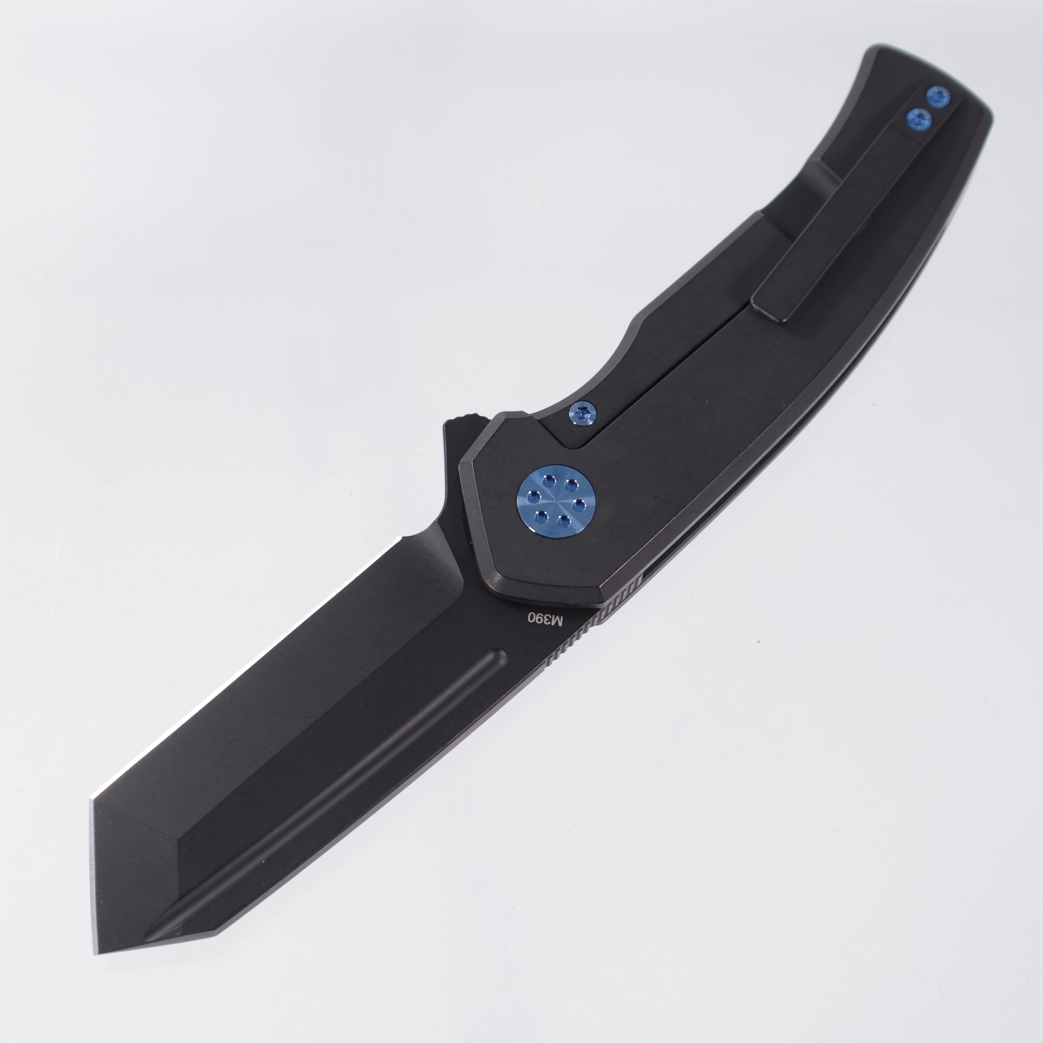 Beans Blades Mini Warrior Folder - Black PVD Titanium w/ Twill Carbon Fiber & Blue Hardware - Black PVD M390
