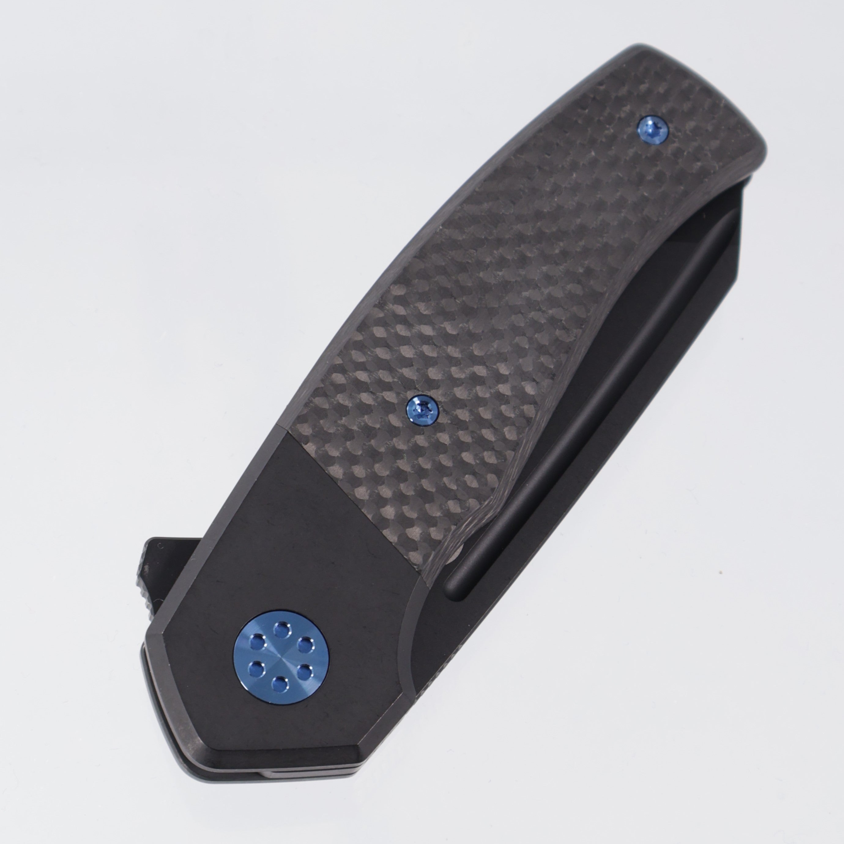 Beans Blades Mini Warrior Folder - Black PVD Titanium w/ Twill Carbon Fiber & Blue Hardware - Black PVD M390
