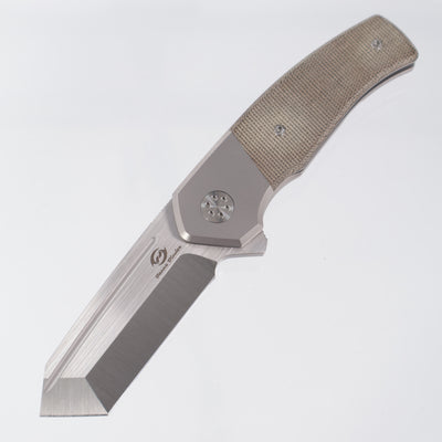 Beans Blades Mini Warrior Folder - Beadblast Titanium w/ Green Micarta - Satin M390