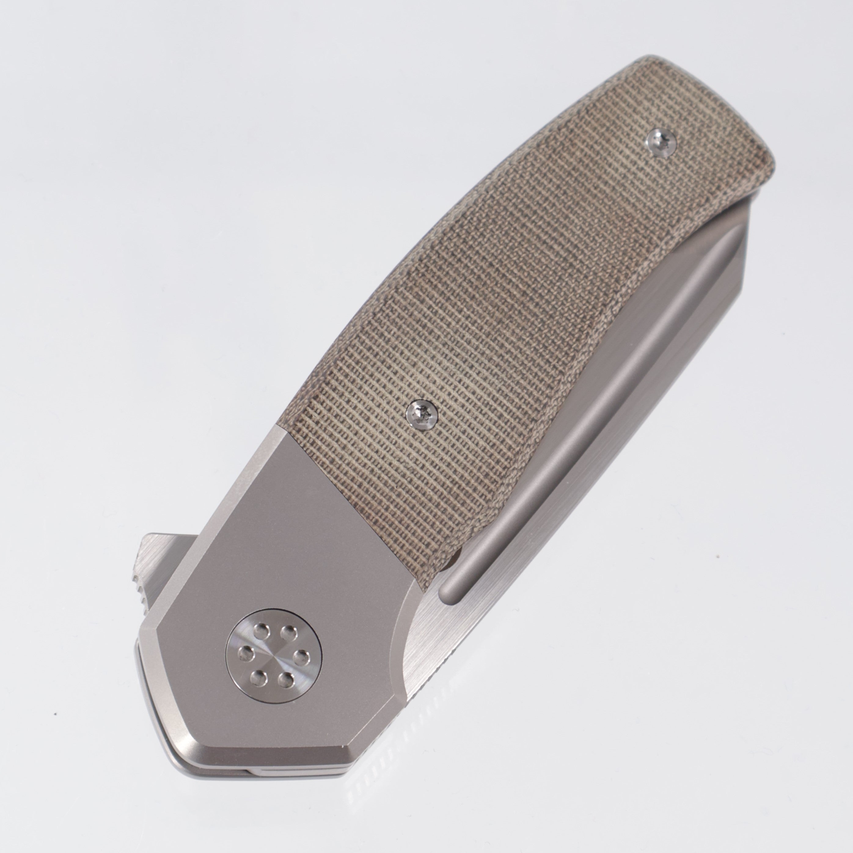 Beans Blades Mini Warrior Folder - Beadblast Titanium w/ Green Micarta - Satin M390