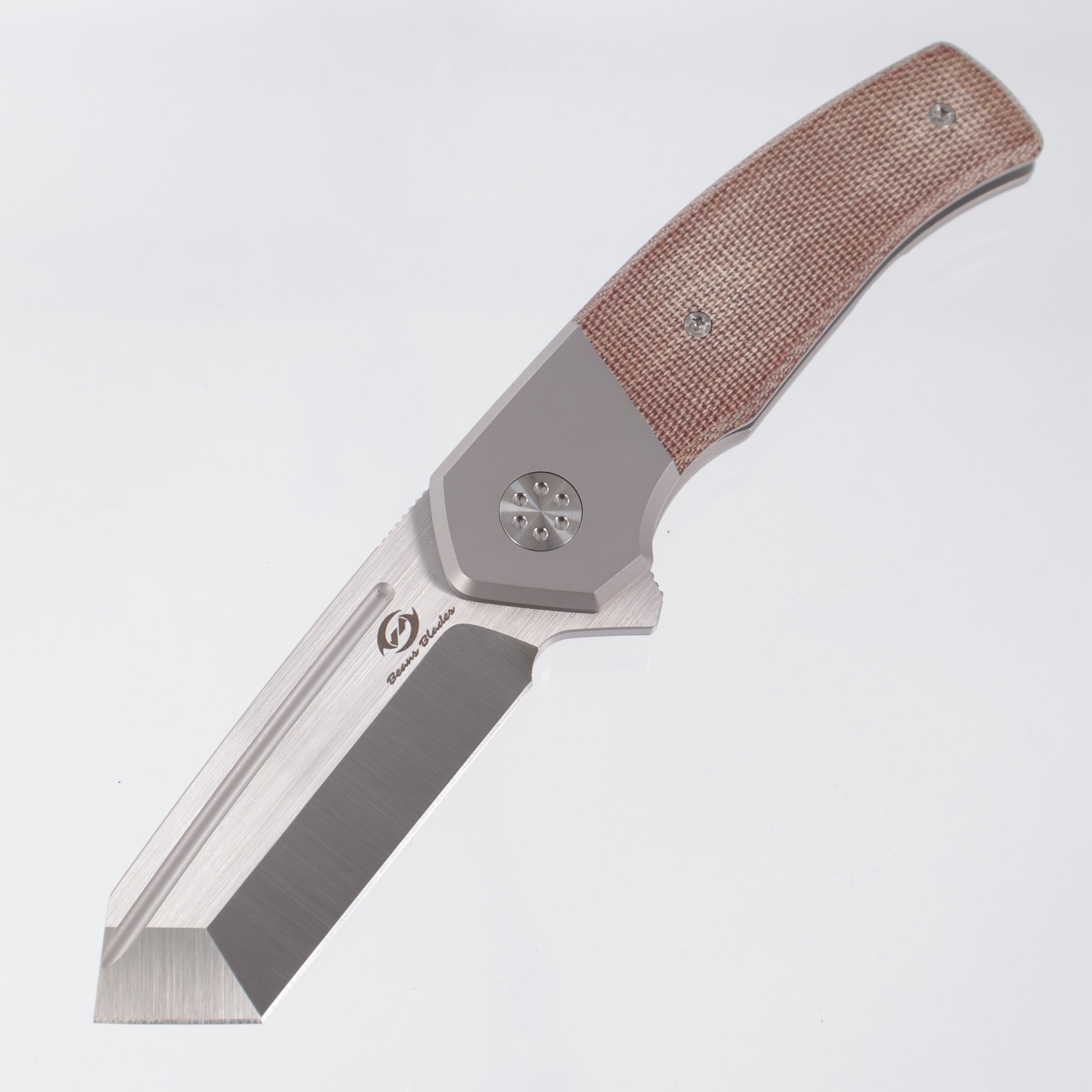 Beans Blades Mini Warrior Folder - Beadblast Titanium w/ Brown Micarta - Satin M390