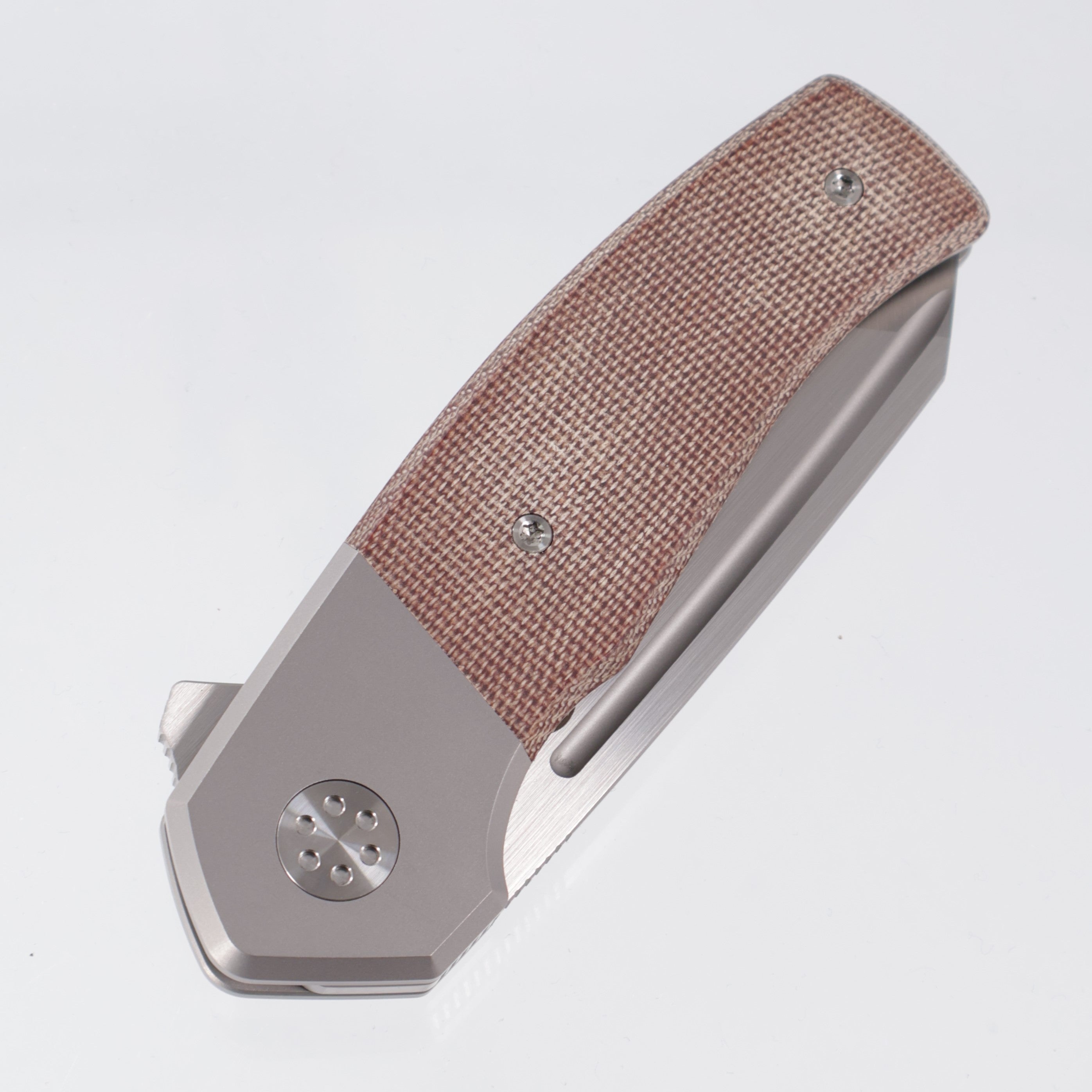 Beans Blades Mini Warrior Folder - Beadblast Titanium w/ Brown Micarta - Satin M390