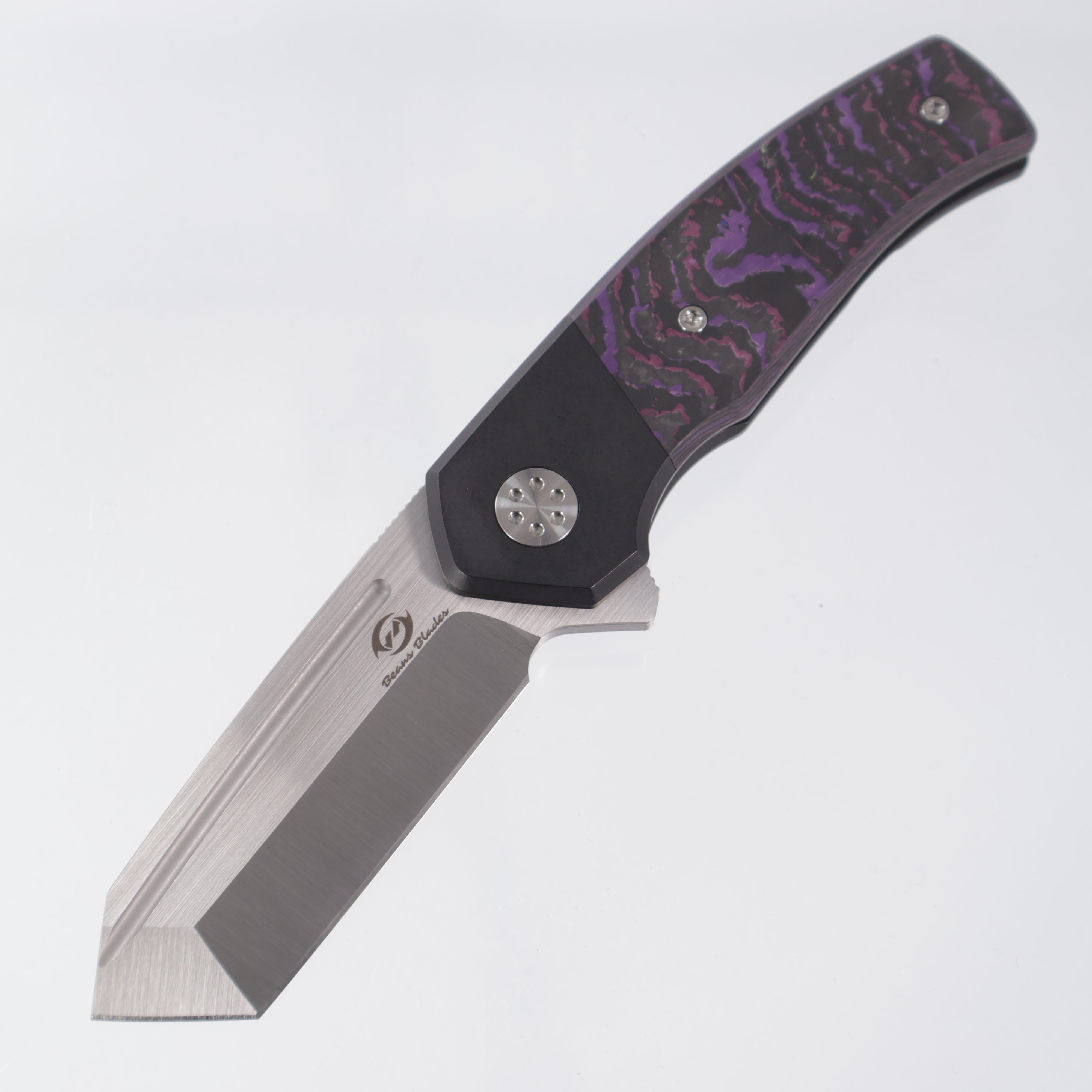 Beans Blades Mini Warrior Folder - Black PVD Titanium w/ Crosscut Purple Haze Fat Carbon - Satin M390
