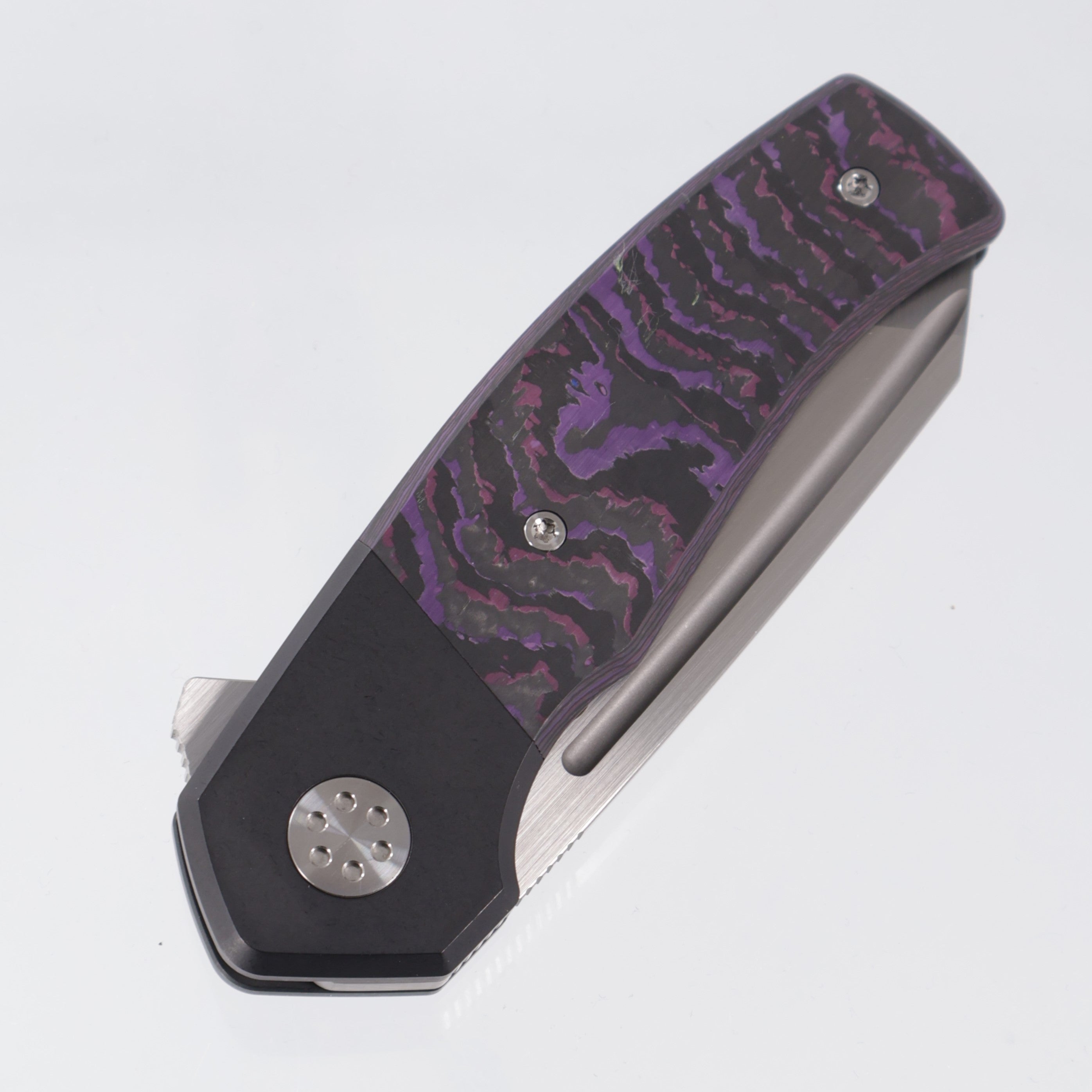 Beans Blades Mini Warrior Folder - Black PVD Titanium w/ Crosscut Purple Haze Fat Carbon - Satin M390
