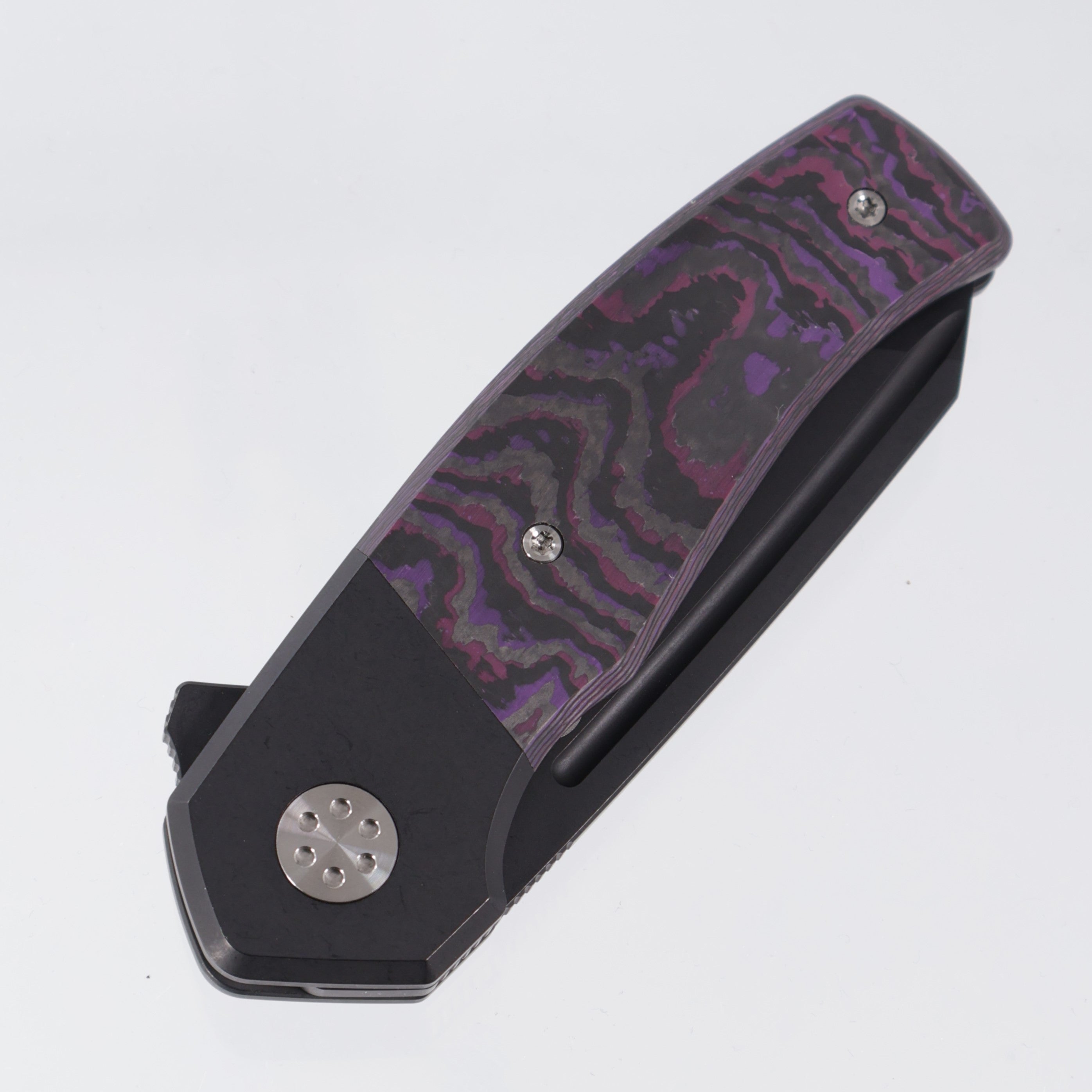 Beans Blades Mini Warrior Folder - Black PVD Titanium w/ Crosscut Purple Haze Fat Carbon - Black PVD M390