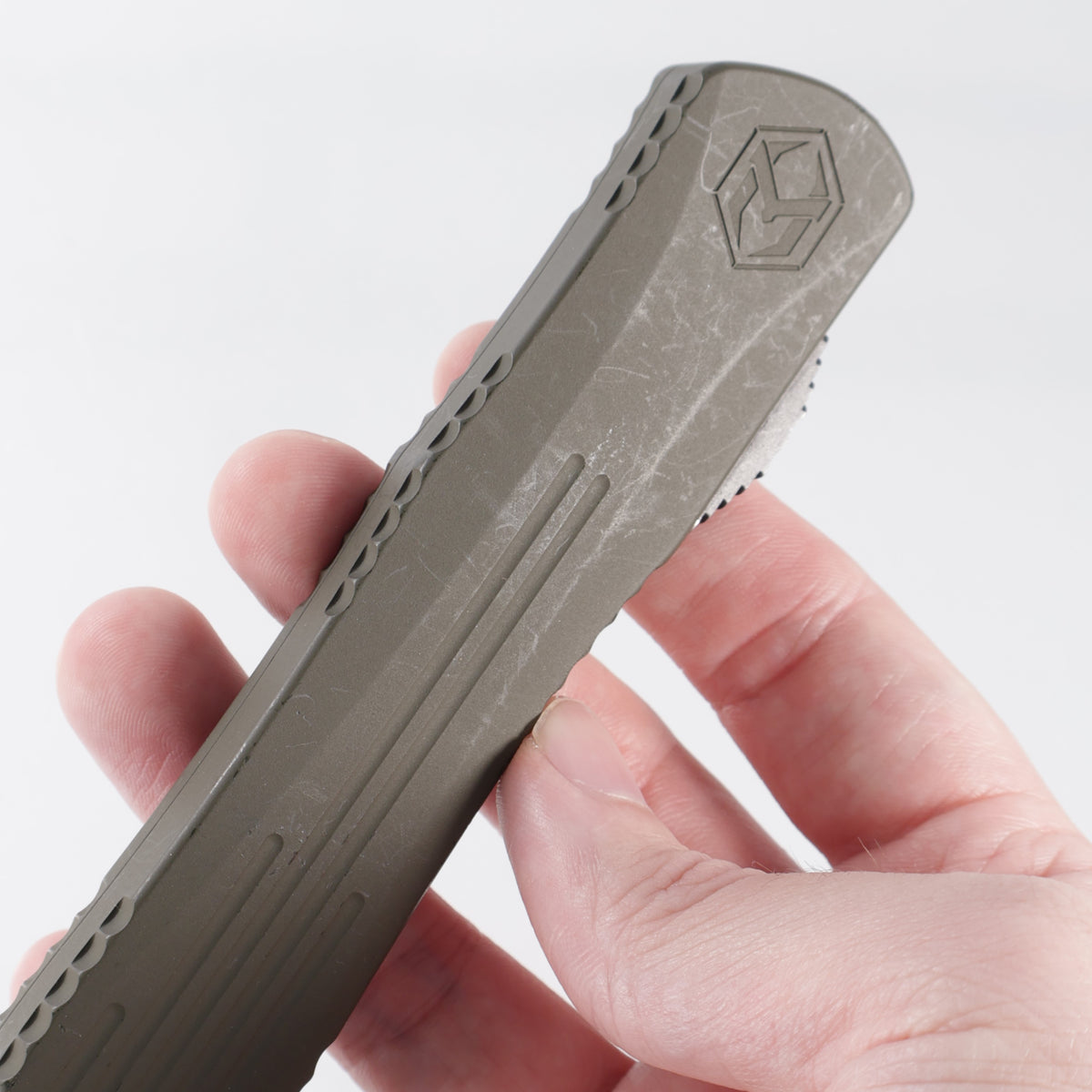 Heretic Manticore X Double Edge Blade Show 2022 Special - Bomb Green Cerakote Grooved Aluminum - Battle Black Elmax *PRE-OWED*