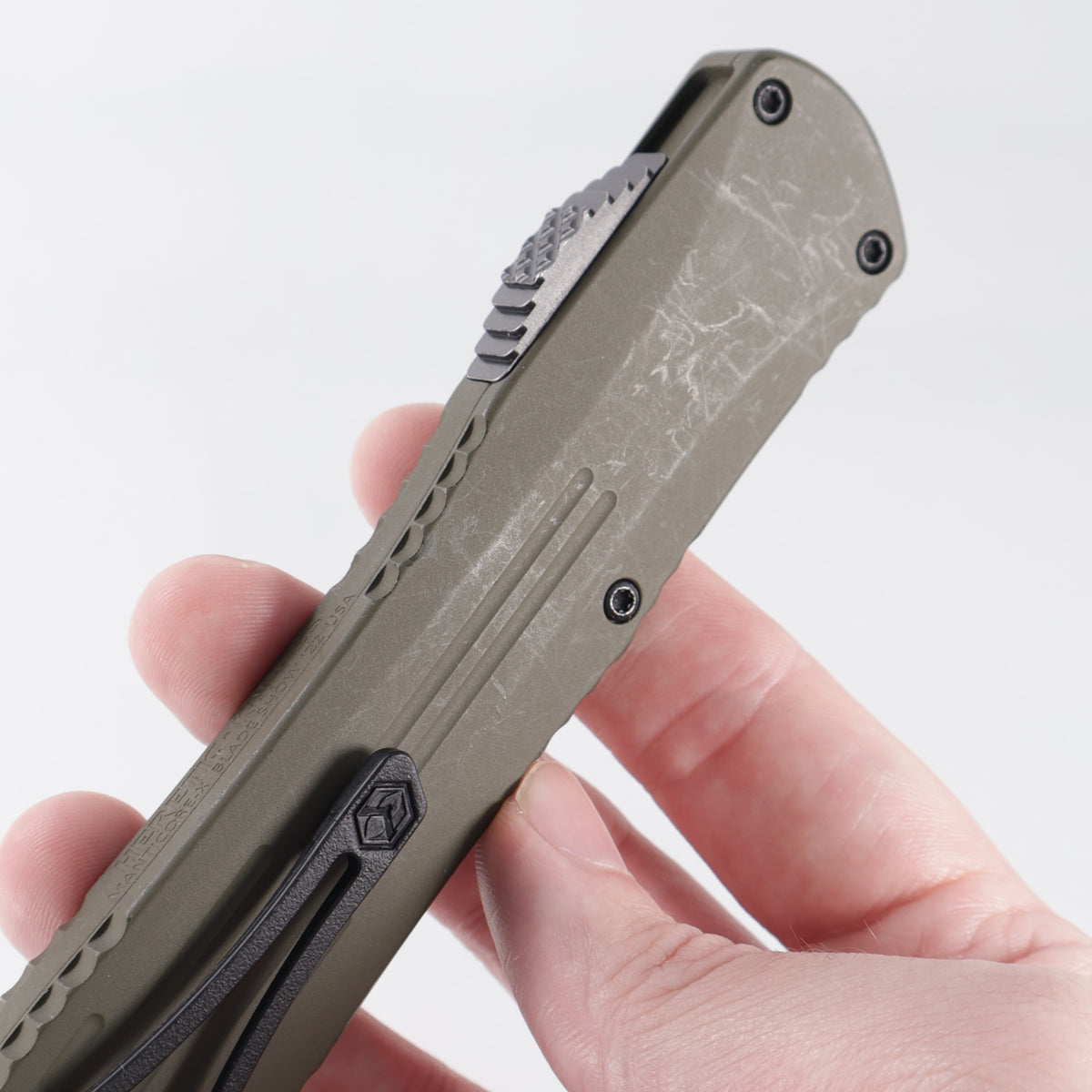 Heretic Manticore X Double Edge Blade Show 2022 Special - Bomb Green Cerakote Grooved Aluminum - Battle Black Elmax *PRE-OWED*