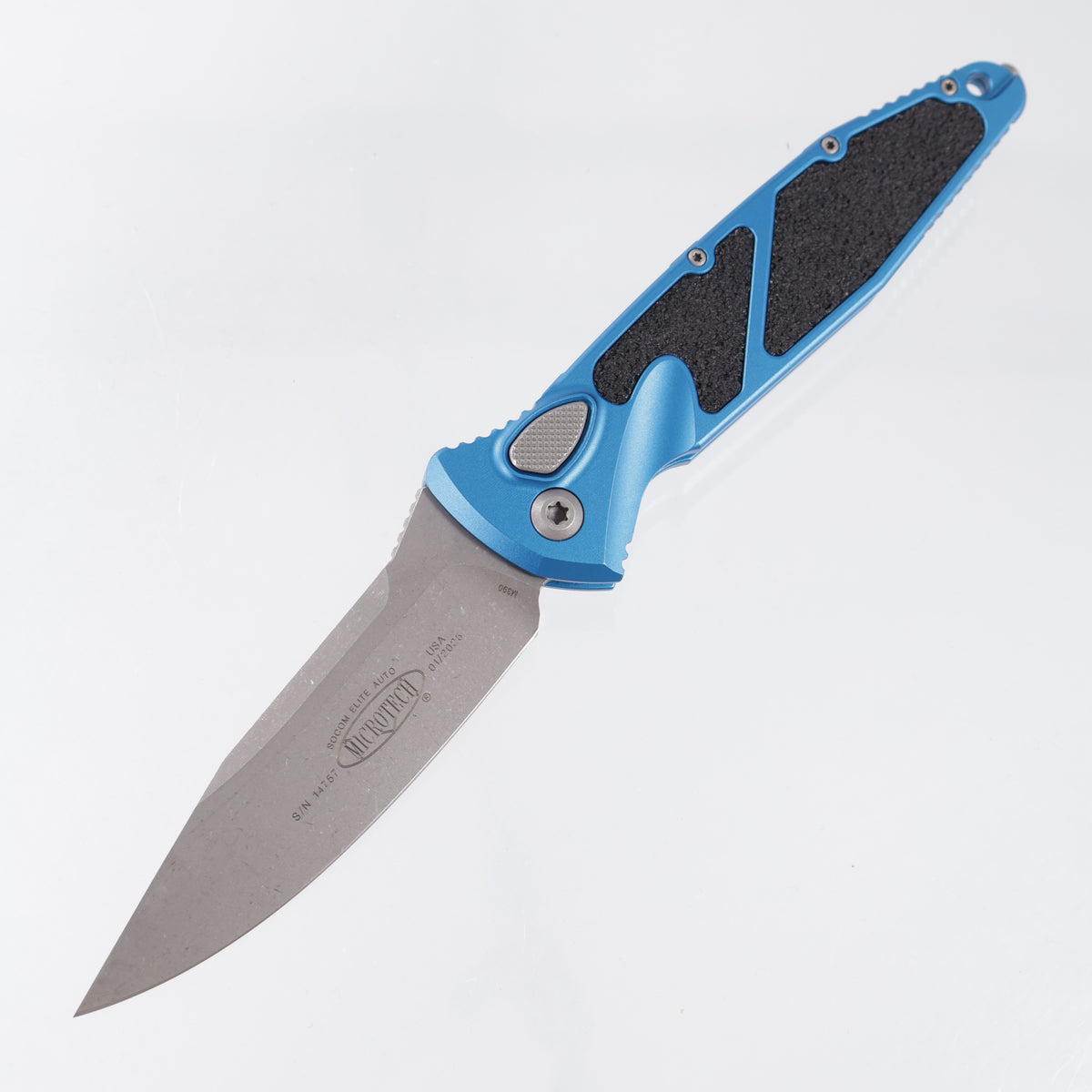 Microtech Socom Elite Auto Single Edge - Blue Aluminum - Apocalyptic M390 - 160A-10 APBL *PRE-OWNED*