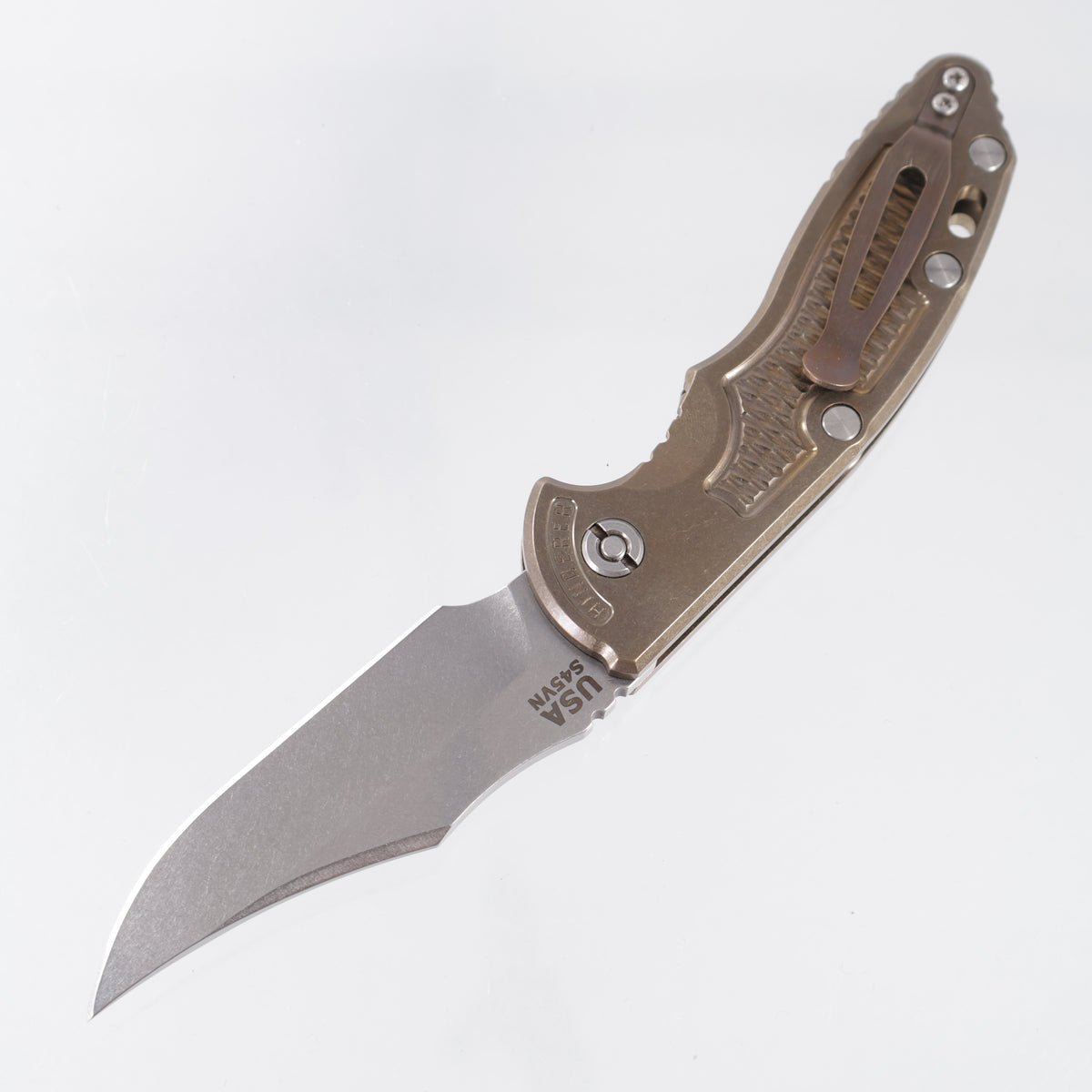 Hinderer XM-18 3.5" Auto Bowie - Bronze Stonewash Titanium w/ Faux Textured Inlays - Stonewash S45VN *PRE-OWNED*