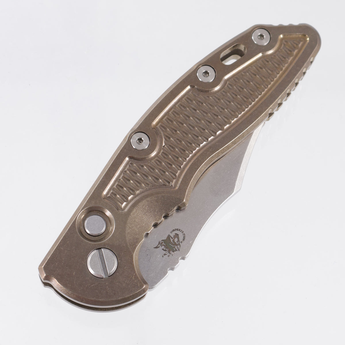 Hinderer XM-18 3.5" Auto Bowie - Bronze Stonewash Titanium w/ Faux Textured Inlays - Stonewash S45VN *PRE-OWNED*
