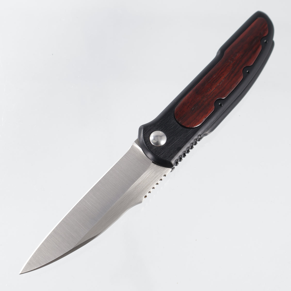 Allen Elishewitz Wharncliffe Auto - Black Aluminum w/ Wood Inlays - Satin Blade *PRE-OWNED*