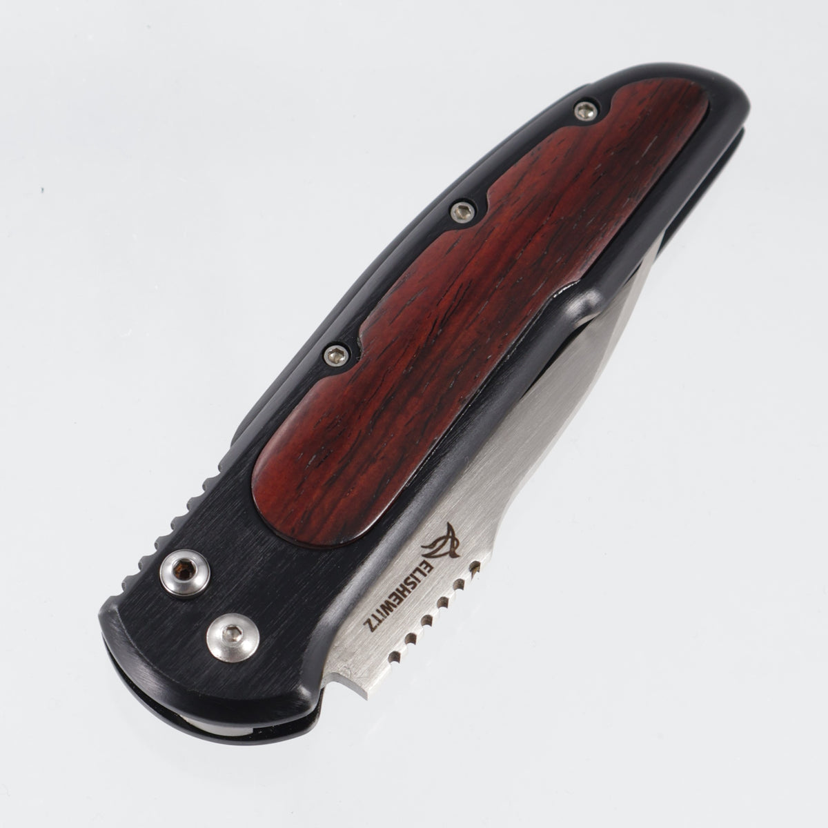 Allen Elishewitz Wharncliffe Auto - Black Aluminum w/ Wood Inlays - Satin Blade *PRE-OWNED*