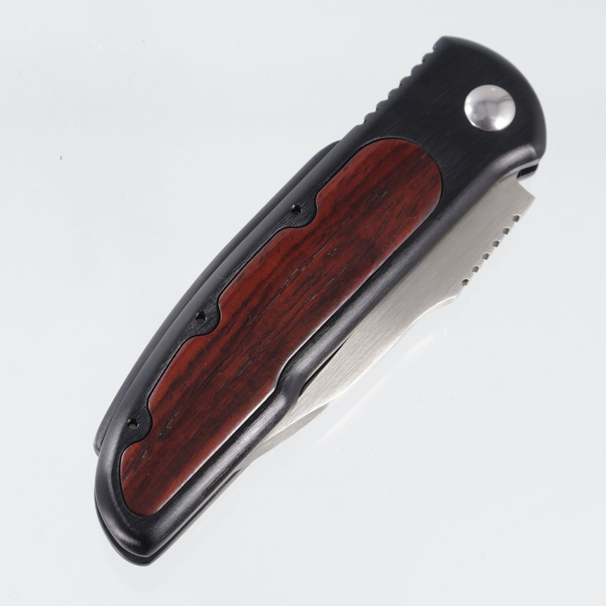 Allen Elishewitz Wharncliffe Auto - Black Aluminum w/ Wood Inlays - Satin Blade *PRE-OWNED*