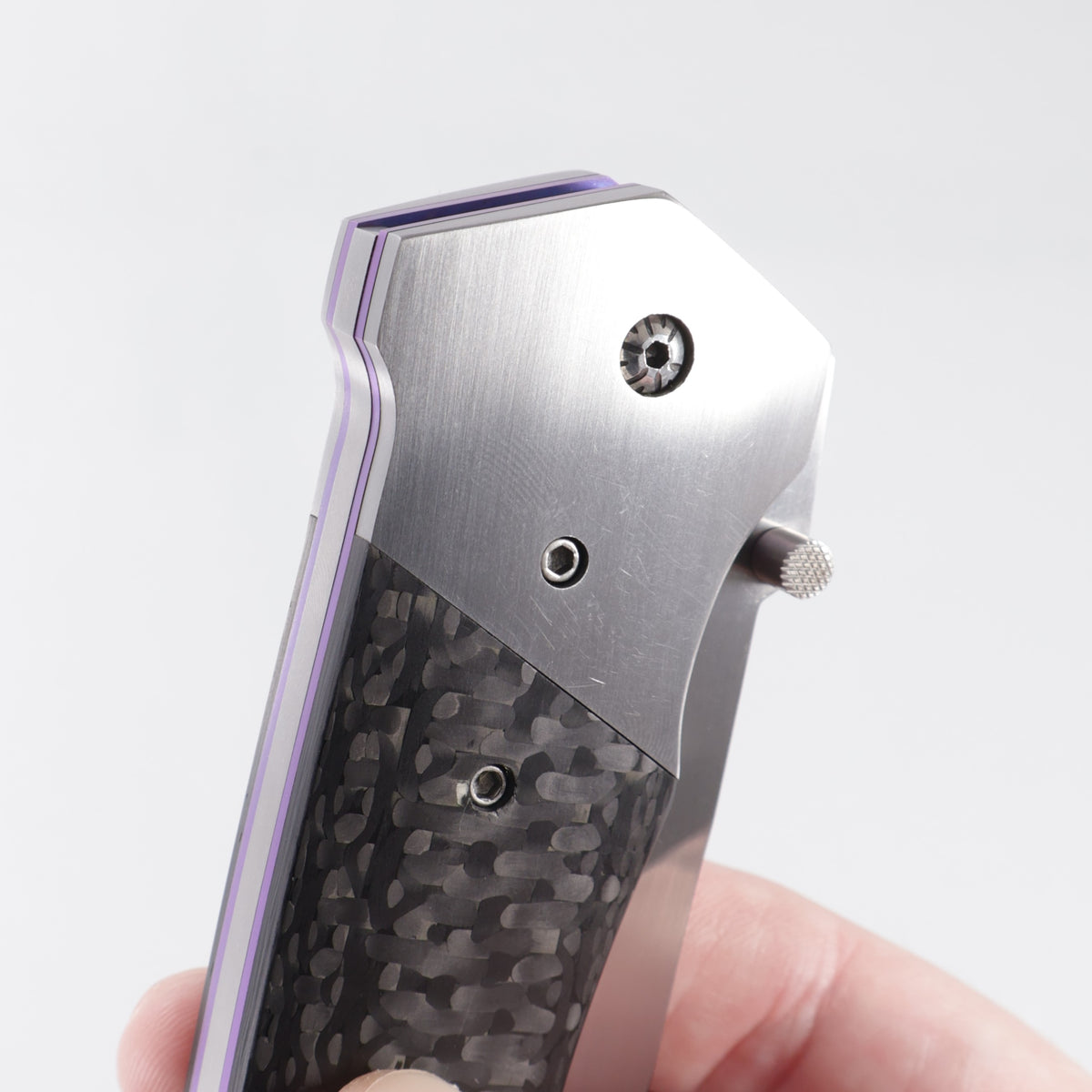 Butch, Rainy, Shawn & Thomas Vallotton Soldier of Fortune 99 Officer D/A - Carbon Fiber w/ Satin Ti Bolsters & Purple Ti Liners - Hand Satin Blade - #10 *PRE-OWNED*