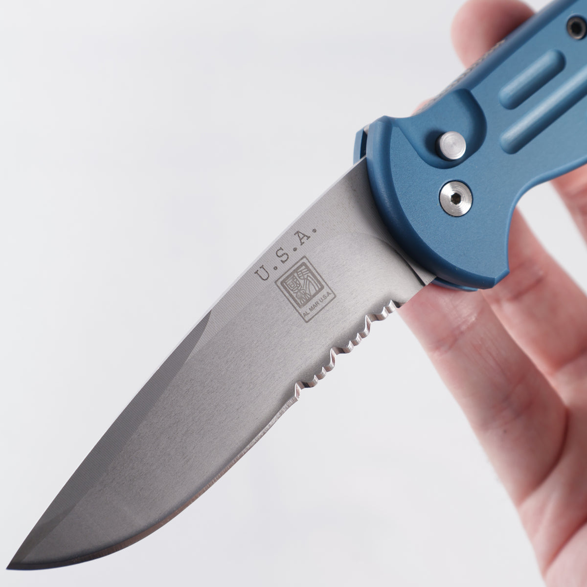 Bali-Song (Benchmade) Al-Mar GPA Automatic (One of One) - Blue Aluminum - Beadblast Partial Serrate ATS-34 Blade *PRE-OWNED*