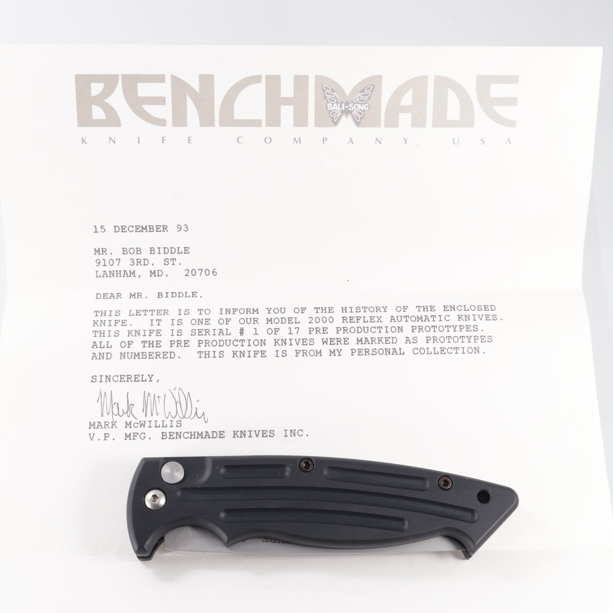 Bali-Song (Benchmade) Reflex 2000 Automatic Pre-Production Prototype (One of Seventeen) - Black Aluminum - Stonewash Blade *PRE-OWNED*