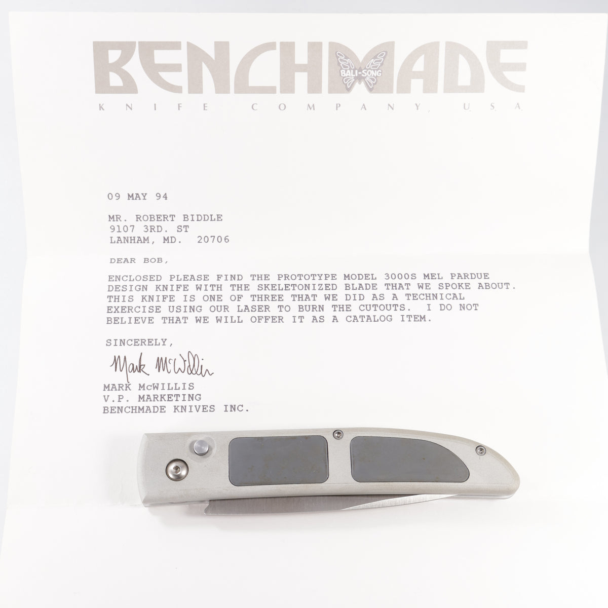 Bali-Song (Benchmade) 3000s Mel Pardue Automatic Concept Piece (One of Three) - Silver Aluminum w/ Rubberized Inserts - Skeletonized Partial Serrate Satin Blade *PRE-OWNED*